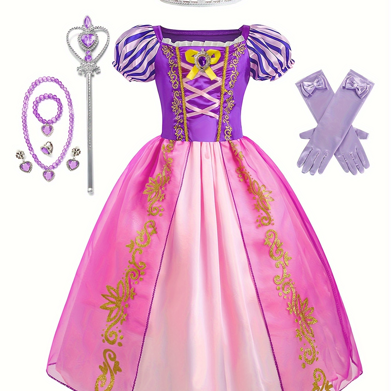 

Girls Stylish & Stunning Princess Outfit, Colorful Puff Sleeve Tulle Tutu Dress & Gloves & Accessories For Party