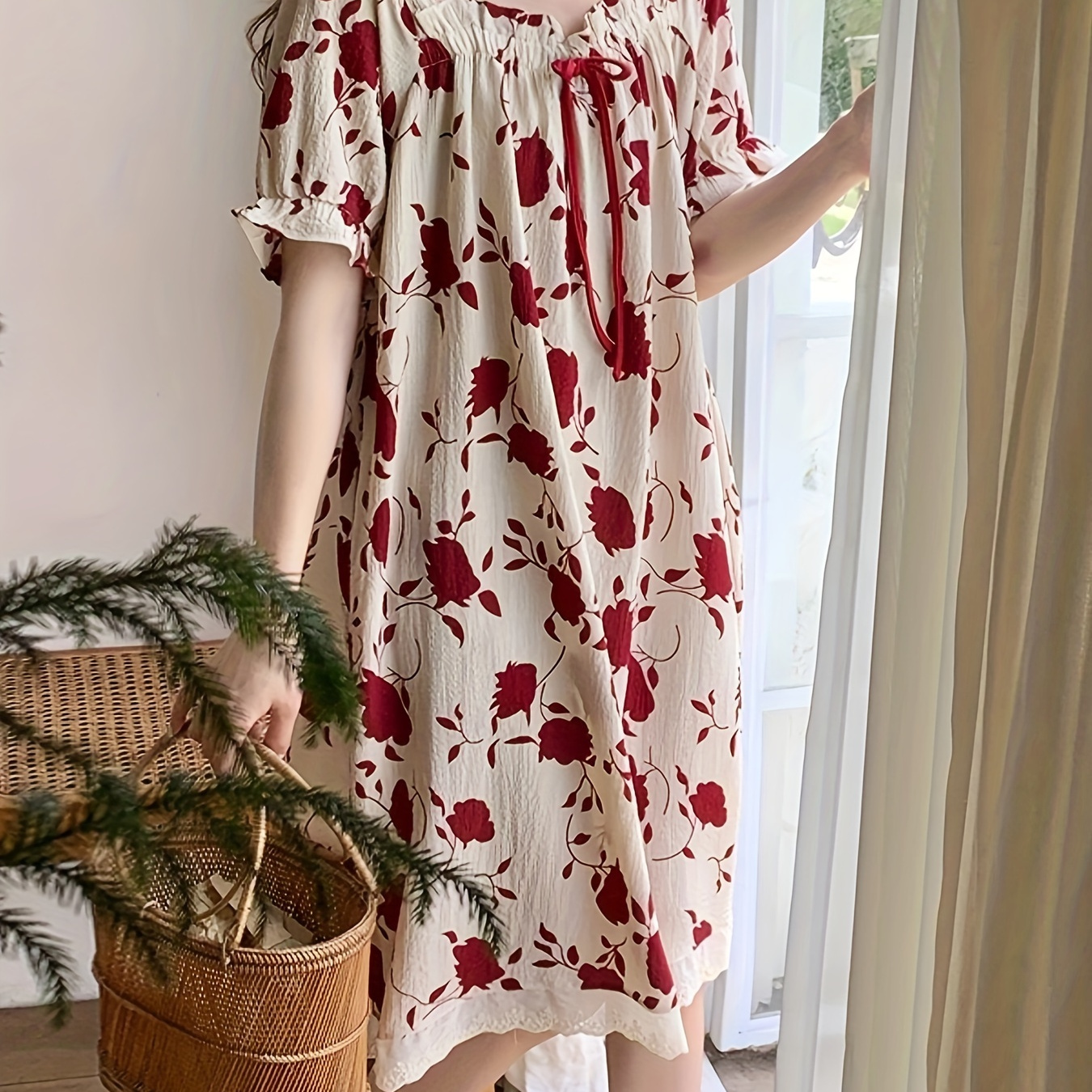

Women's Rose Print Sweet Textured Sleepwear Dress, Puff Sleeve Bow Knot Detail Square Neck Loose Fit Lace Trim Dress, Comfortable Nightgown