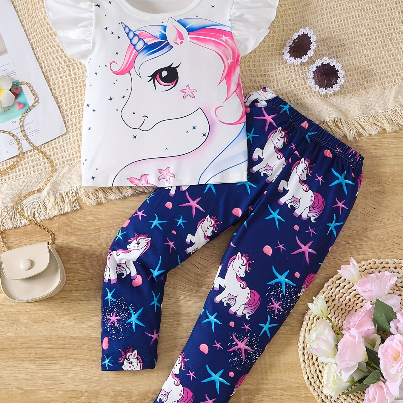 

2pcs Girl's Ruffle Trim Cute Cartoon Unicorn Graphic T-shirt Top & Ruffled Hem Elastic Waist Pants Set Kids Summer Clothes