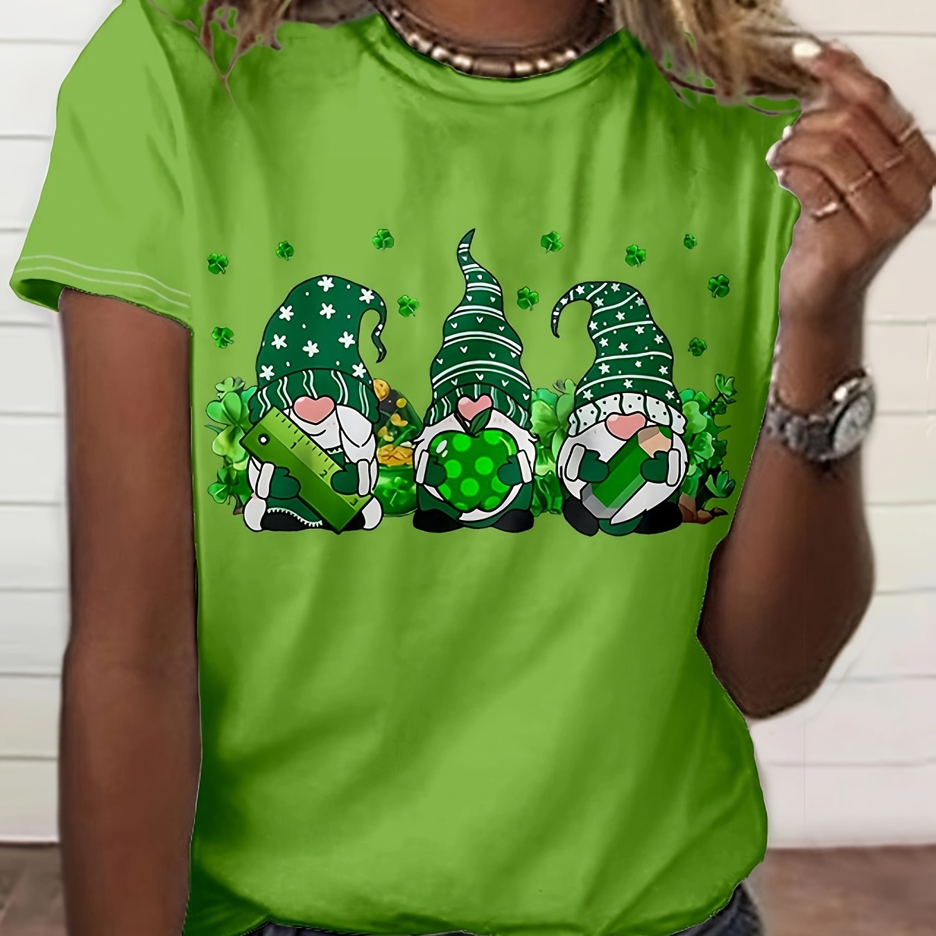 

St. Patrick's Day Gnome Print T-shirt, Casual Crew Neck Short Sleeve Top For Spring & Summer, Women's Clothing