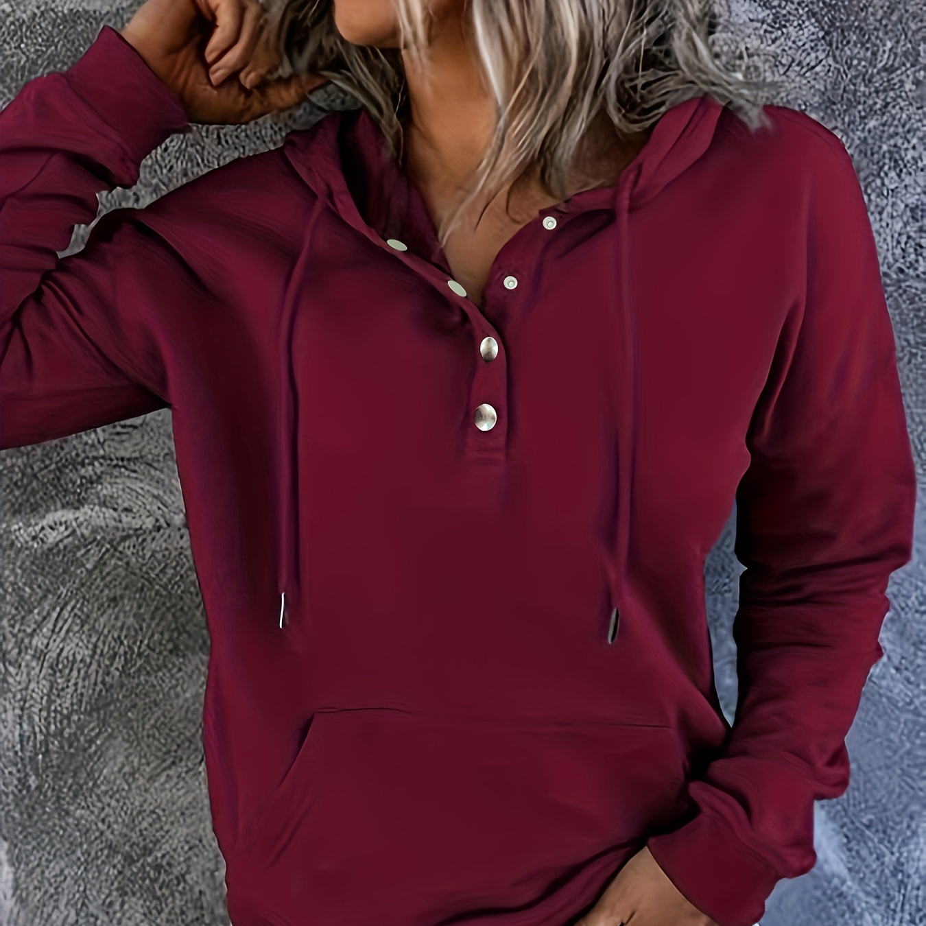 

Solid Color Half Button Drawstring Hoodie, Casual Long Sleeve Hooded Sweatshirt With Kangaroo Pocket For Fall & Winter, Women's Clothing