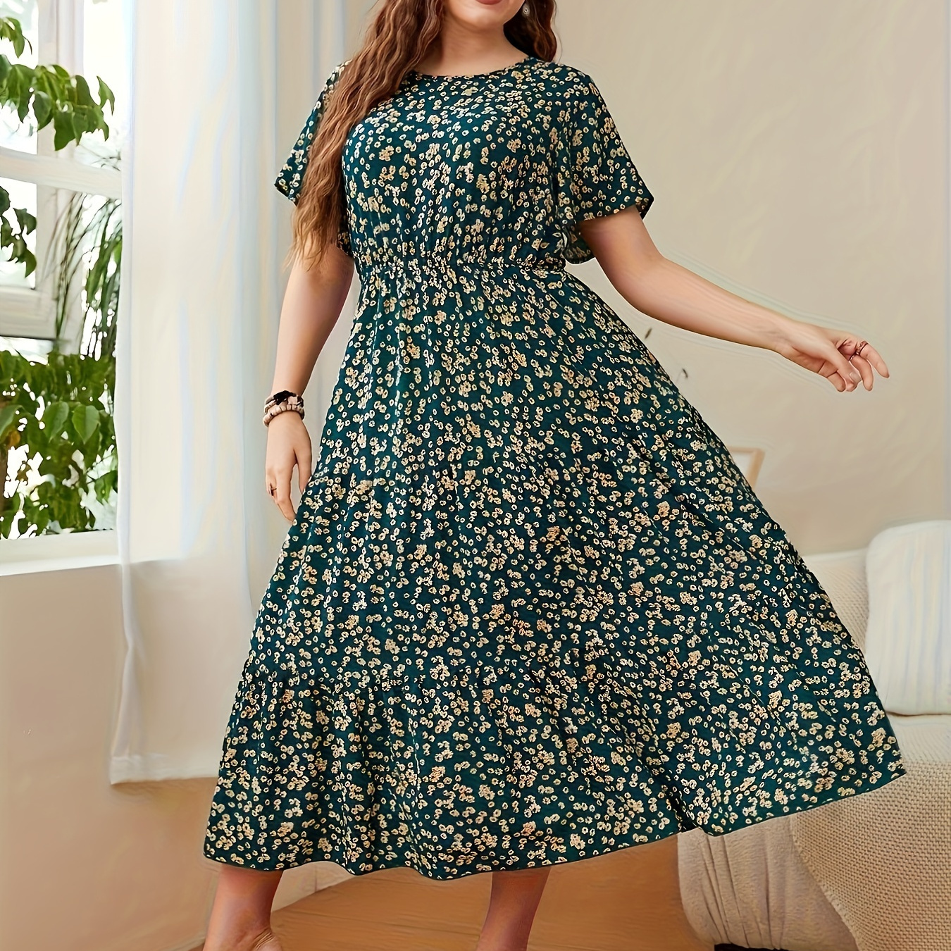 

Plus Size Floral Print Cinched Waist Dress, Casual Short Sleeve Dress For , Women's Plus Size Clothing