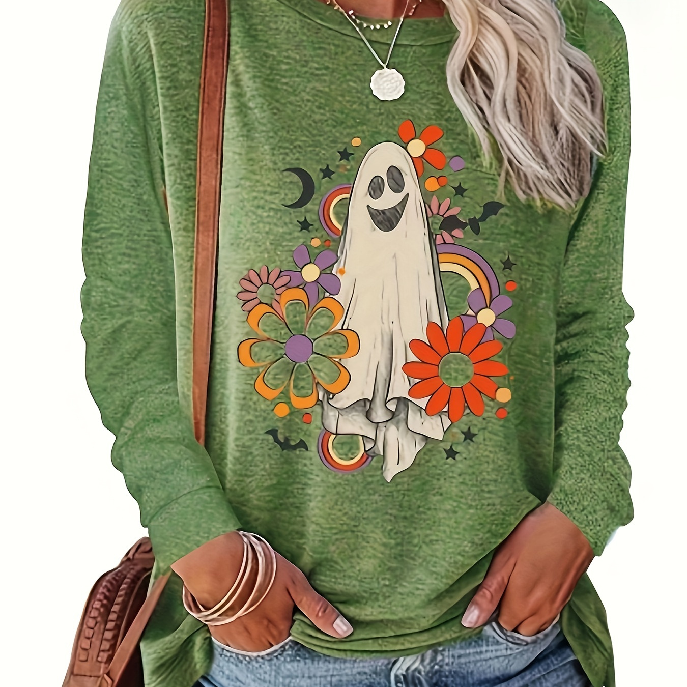 

Plus Size Halloween Casual T-shirt, Women's Plus Ghost & Floral Print Long Sleeve Round Neck Slight Stretch T-shirt