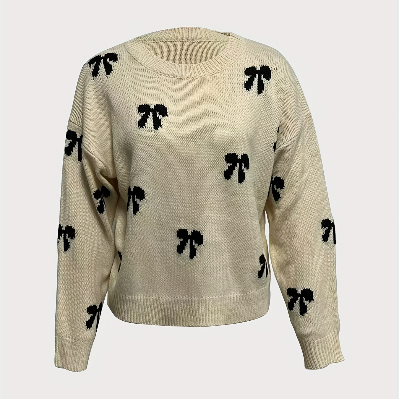 

1pc Elegant Acrylic Knit Crew Neck Sweater For Women - Solid Color Pullover With Black Bow Pattern