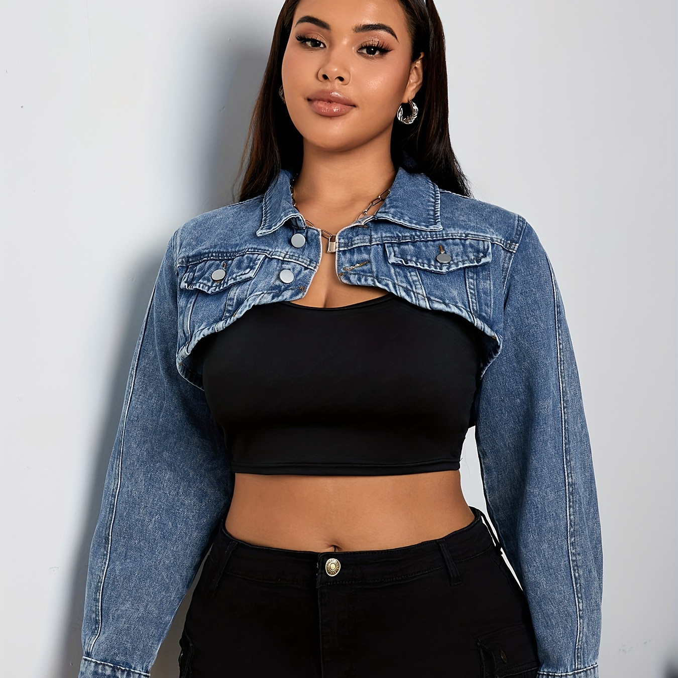 

Plain Washed Blue Long Sleeve Cropped Chic Denim Jacket Top, Women's Plus Size Denim Jeans & Clothing