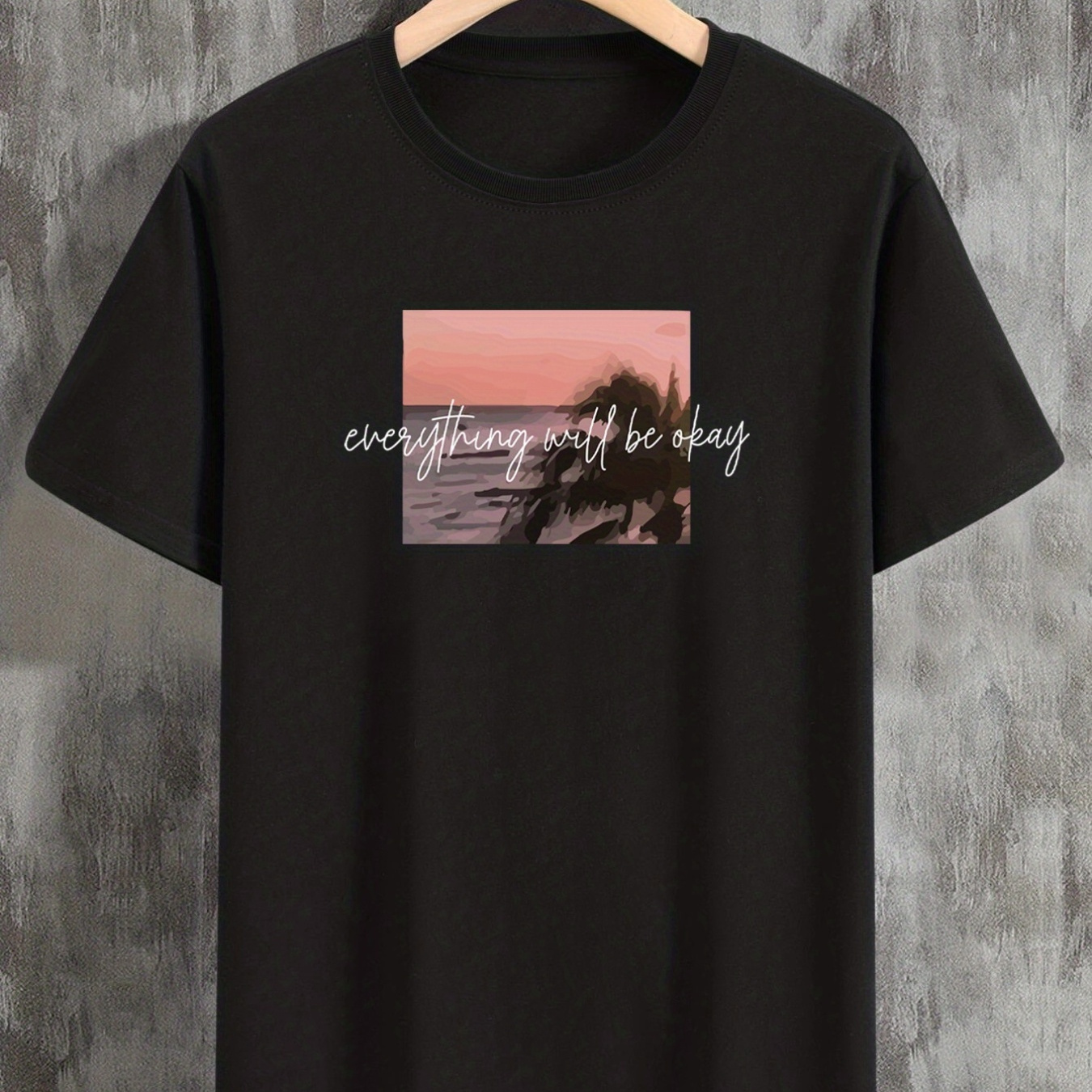 

everything Will Be Okay" Beach Scene, Men's Casual Slightly Stretch Crew Neck Graphic Tee, Male Clothes For Summer