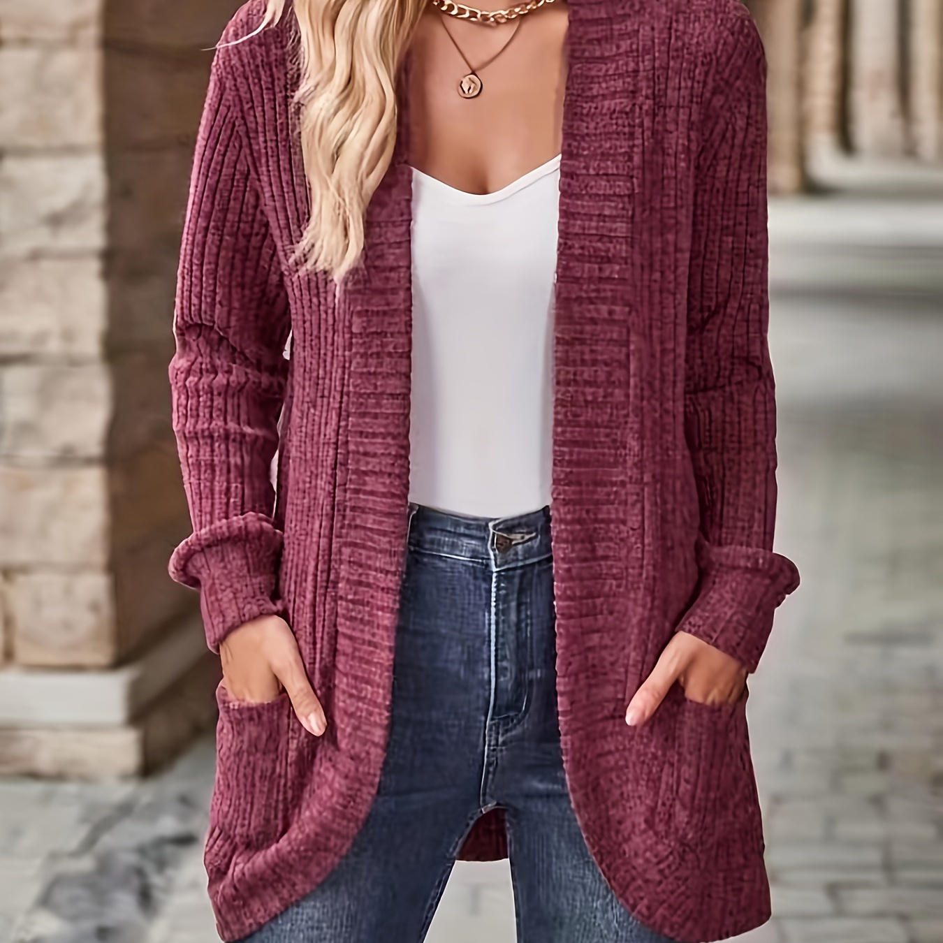 Plus Size Women's Solid Color Hooded Cardigan Coat, Casual Knitted ...