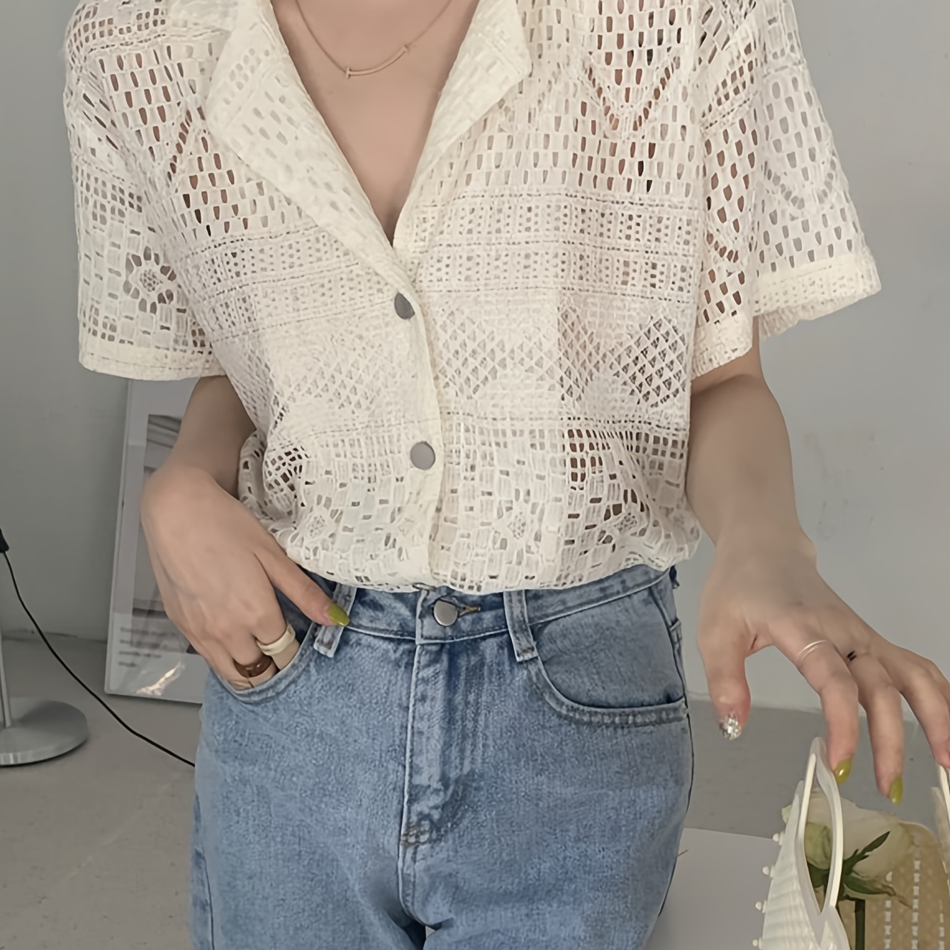 

Solid Hollow Out Lapel Blouse, Vintage Button Front Short Sleeve Blouse For Spring & Summer, Women's Clothing