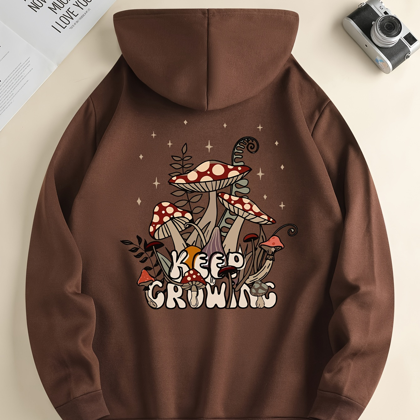 

Mushroom Print Men's Pullover Round Neck Hoodies With Kangaroo Pocket & Drawstring Long Sleeve Hooded Sweatshirt Loose Casual Top For Autumn Winter Men's Clothing As Gifts