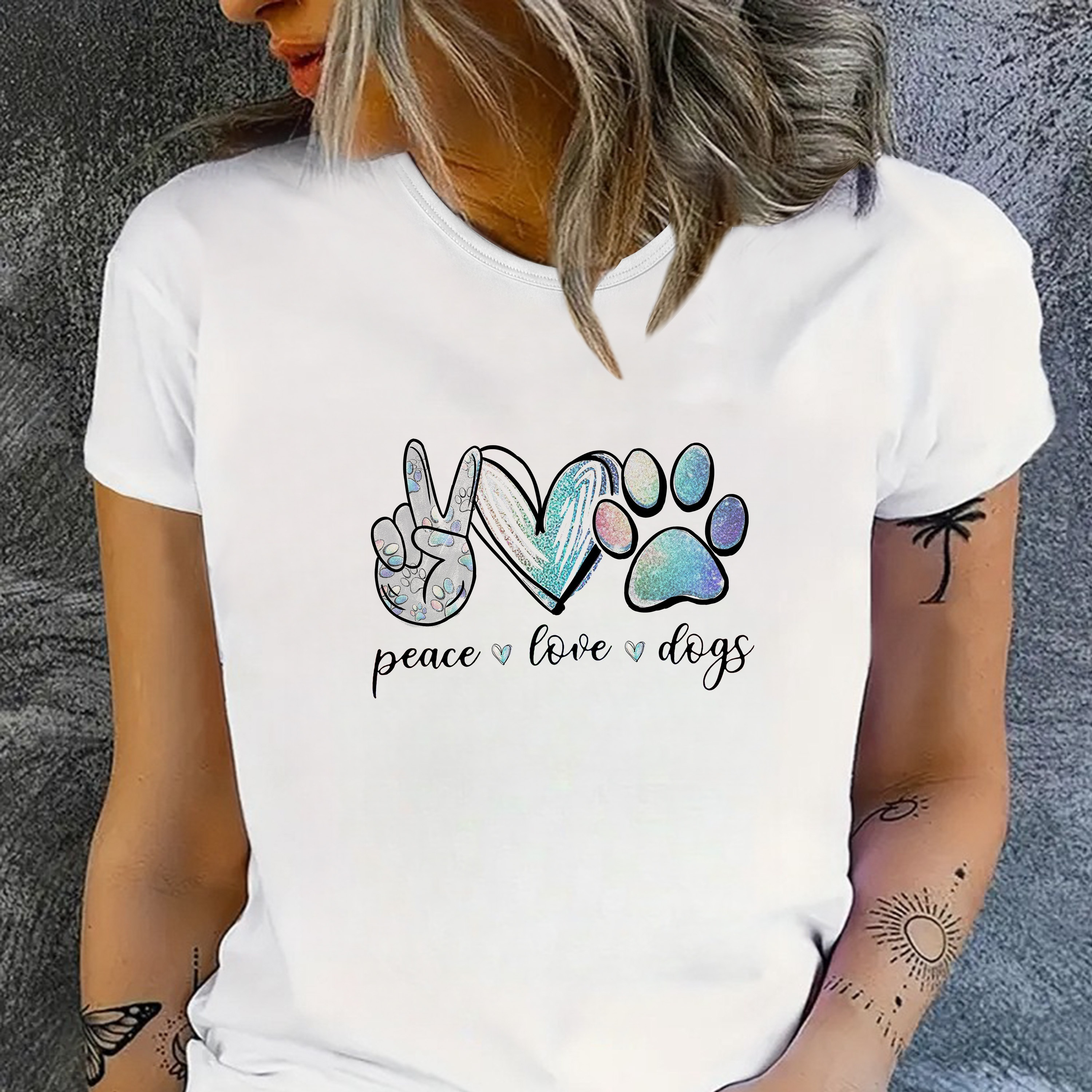 

Peace Love Dogs Print T-shirt, Short Sleeve Crew Neck Casual Top For Summer & Spring, Women's Clothing