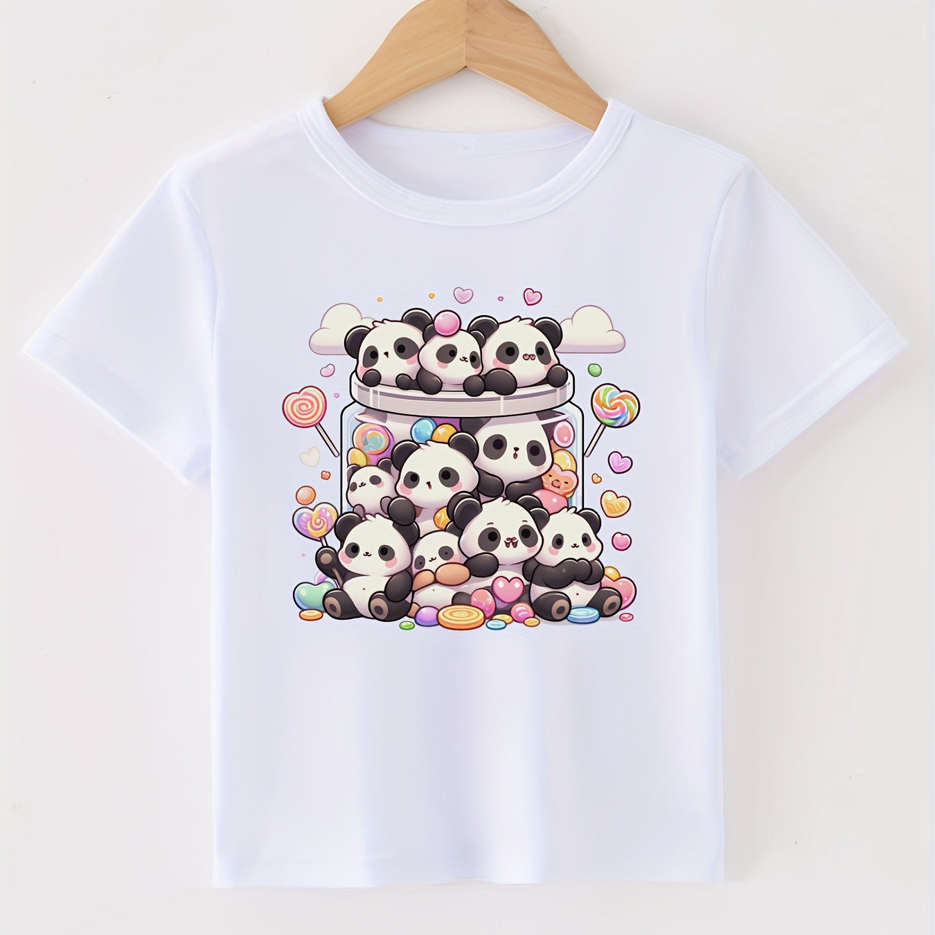 

A Group Of Pandas Graphic Print T-shirt, Short Sleeve Crew Neck Casual & Comfy Tee For Summer, Girl's Daily Wear Clothes