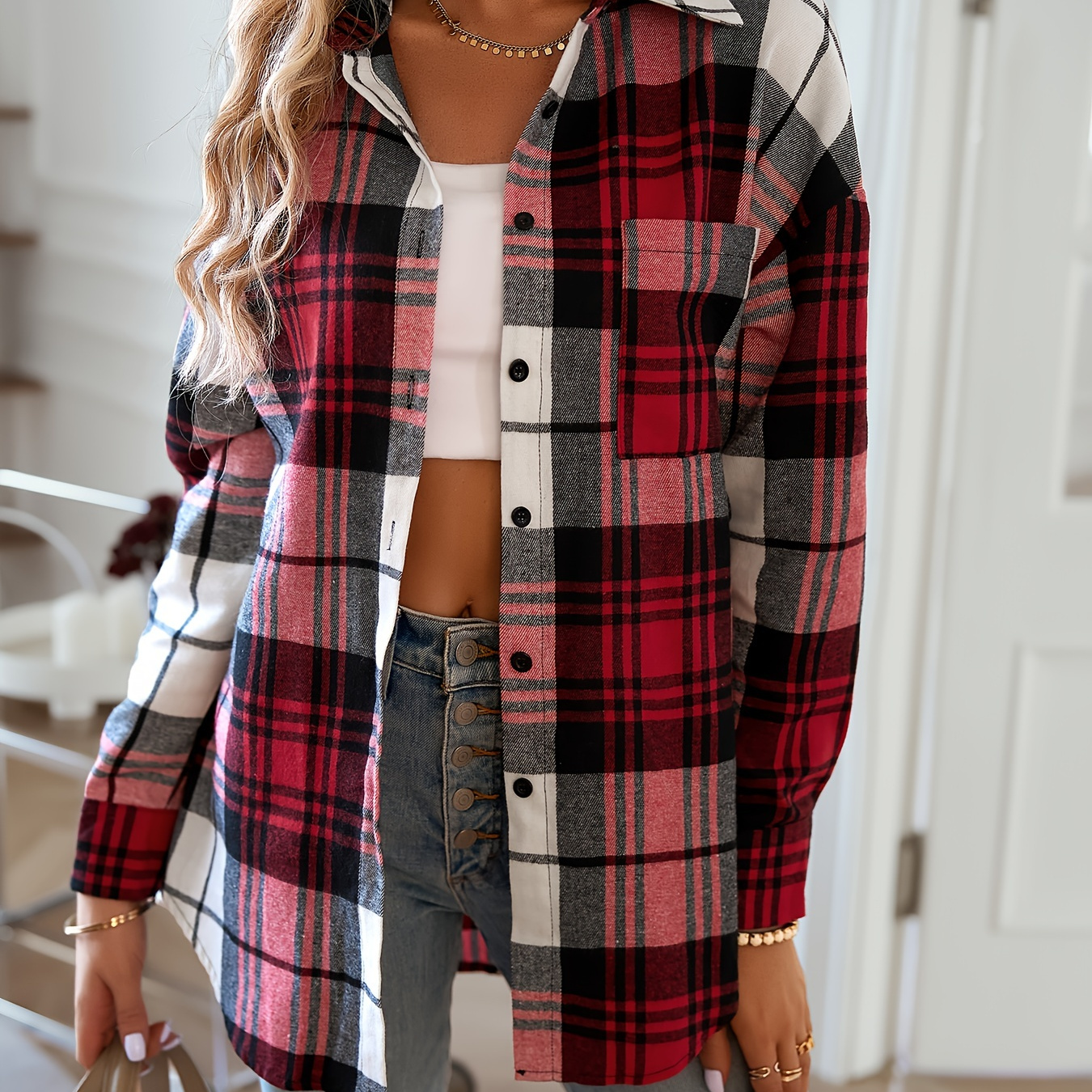 Plaid Button Front Shirt, Elegant Long Sleeve Lapel Shirt, Women's Clothing