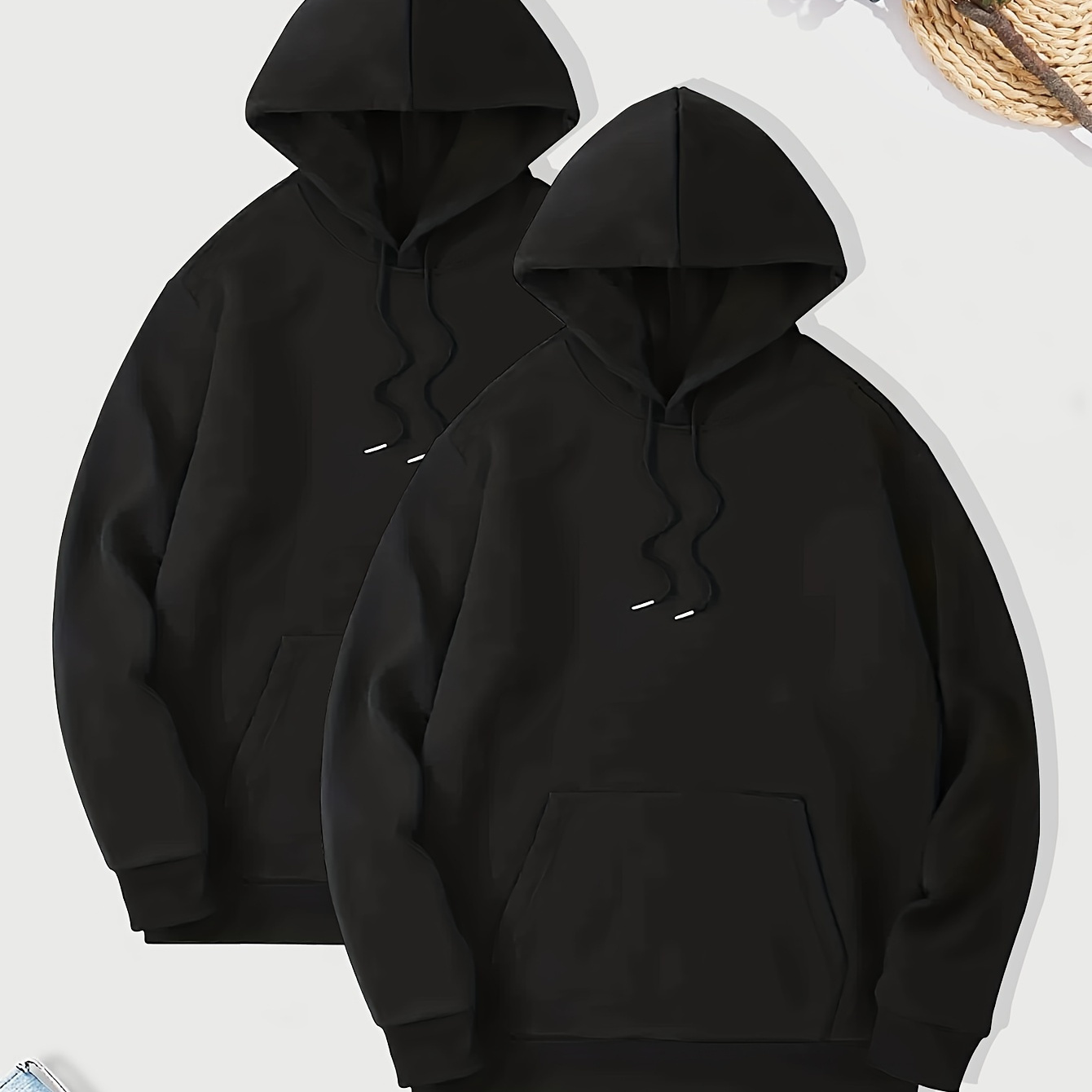

2pcs Simple Solid Color Hoodie With Kangaroo Pocket, Men's Casual Pullover Hooded Sweatshirt
