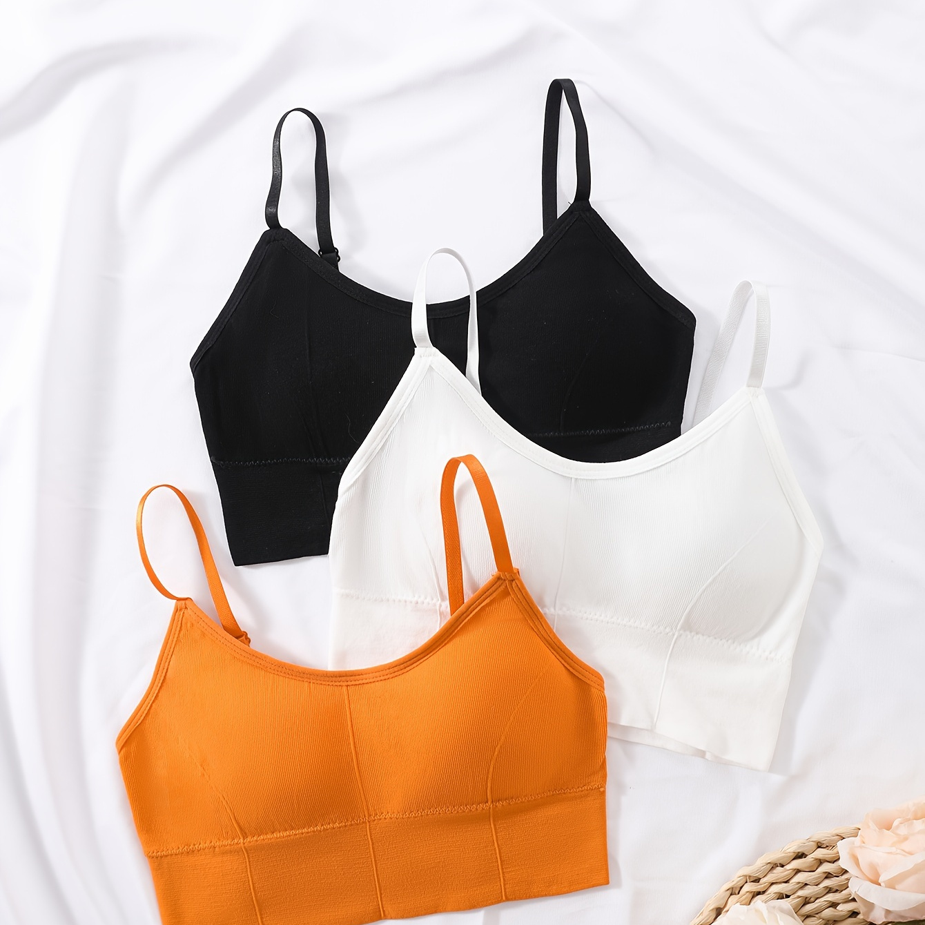 

3pcs Solid Seamless Ribbed With Padding Wireless Vest Top, Elegant Comfy Elastic Cami Top, Women's Lingerie & Underwear
