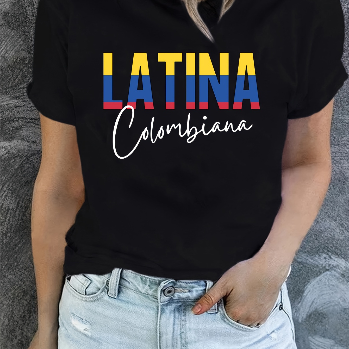 

Latina Letter Print Knitted T-shirt, Short Sleeve Crew Neck Casual Top For Summer & Spring, Women's Clothing