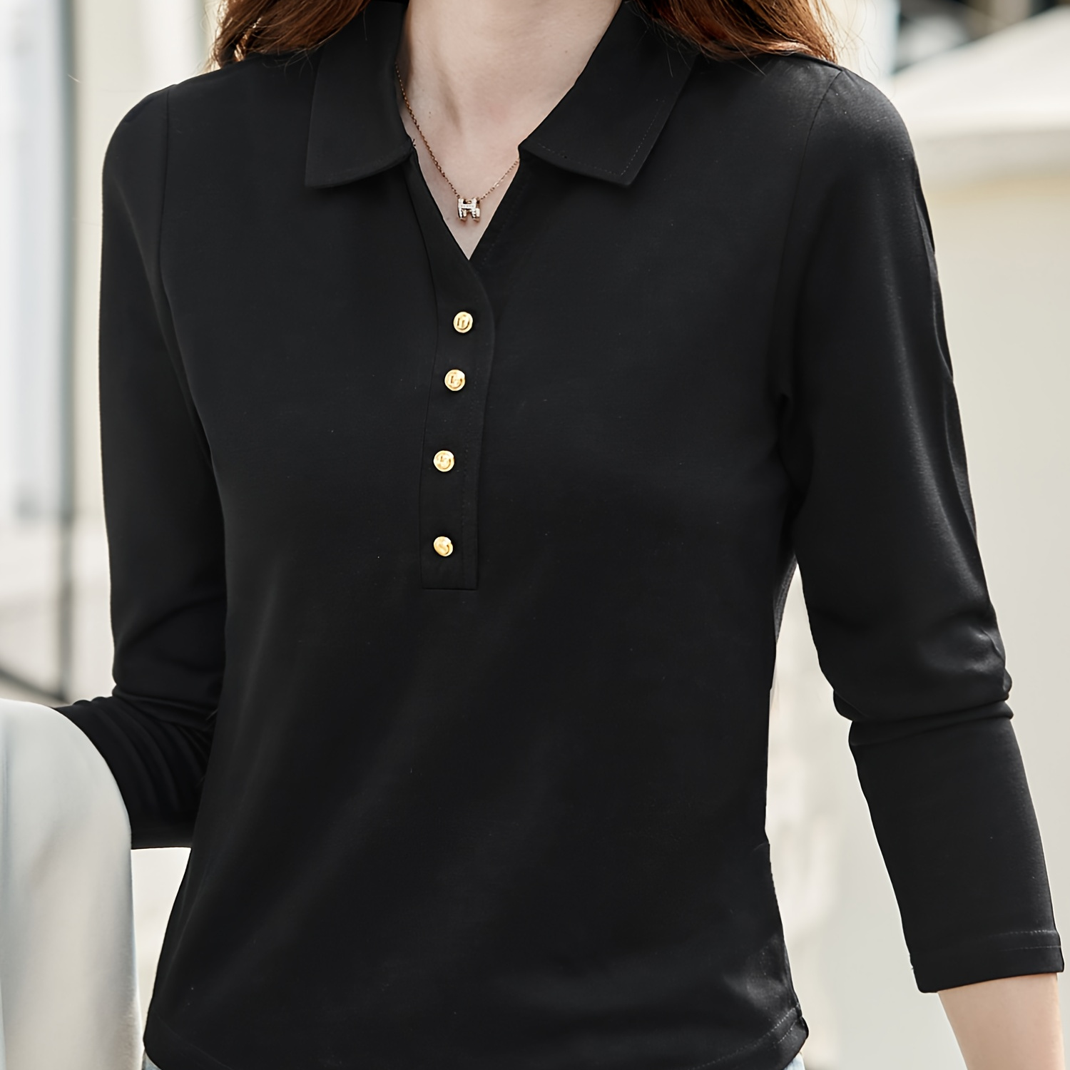 

Women's Classic Long Sleeve Knit Polyester Polo Shirt, Solid Color, Regular Fit, With Lapel Collar And Button Detail, For Spring/fall