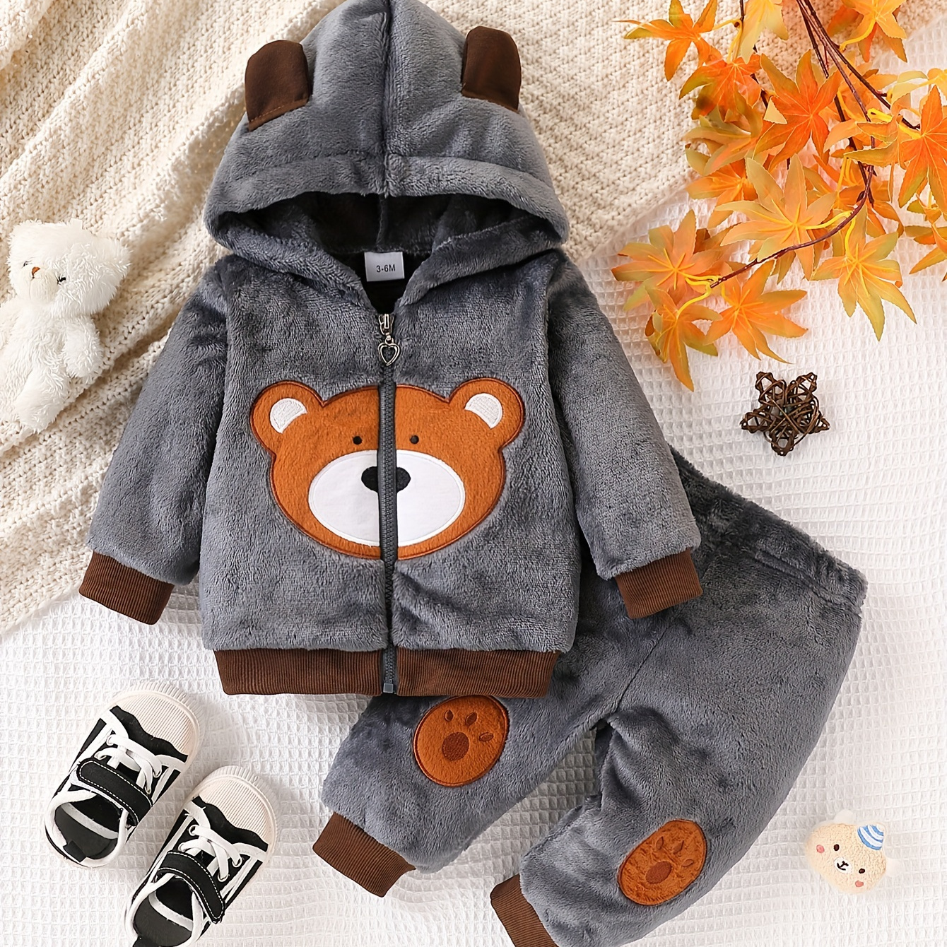 

Fleece Set For Boys, Bear Pattern, Hooded Sweatshirt And Pants, Washable, And , Cloth