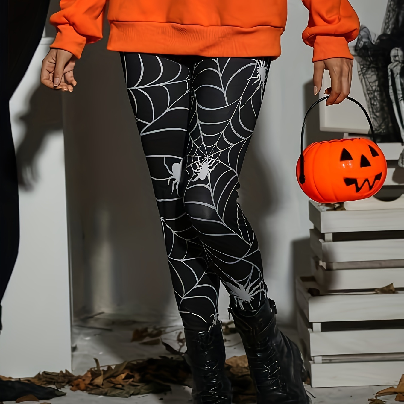 

Halloween Spider Web Print High Waist Leggings, Casual Skinny Stretchy Leggings For Every Day, Women's Clothing