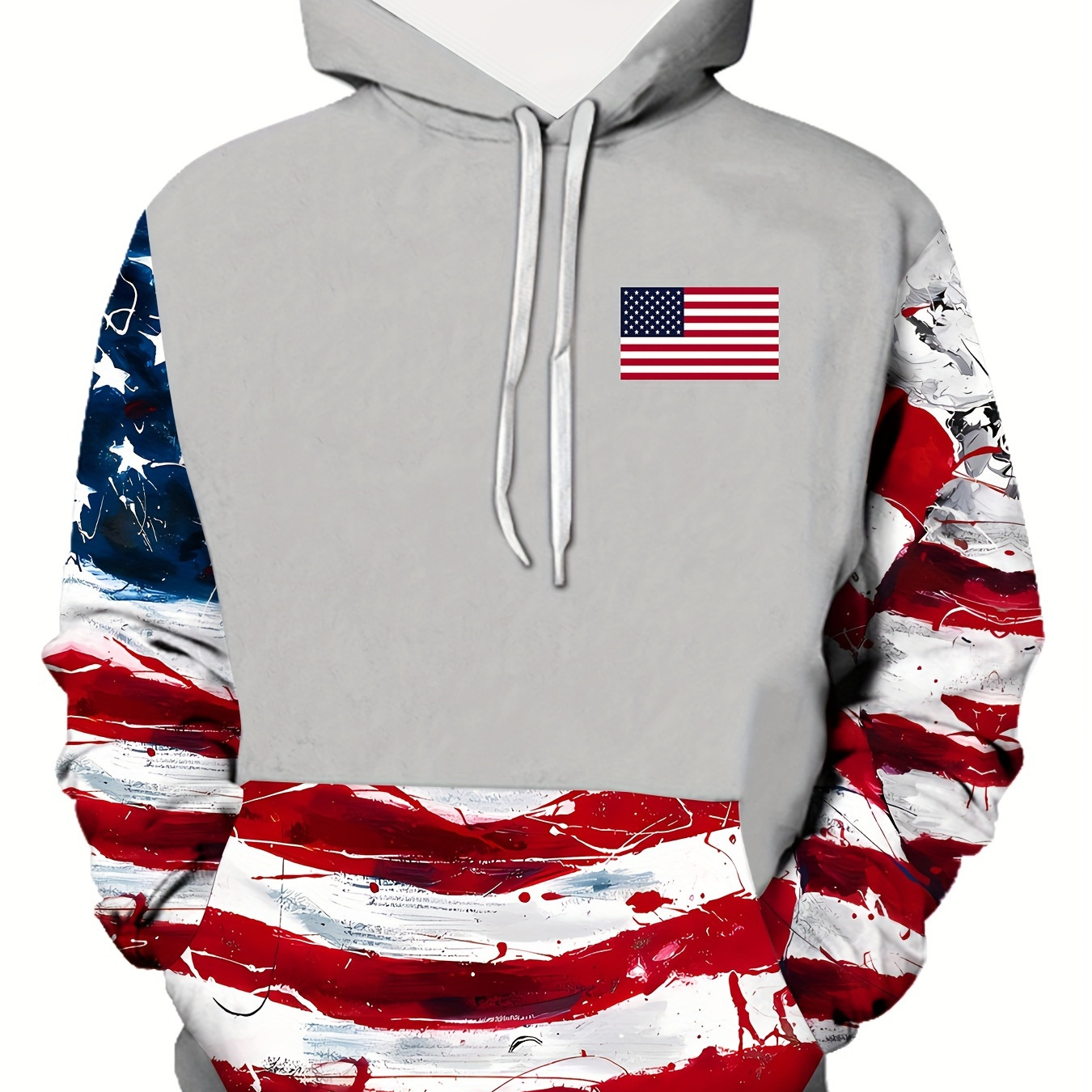 

Men's Patriotic American Flag Print Hoodie - Casual & Breathable Polyester, Long Sleeve With Kangaroo Pocket, Distressed Design For Outdoor Activities