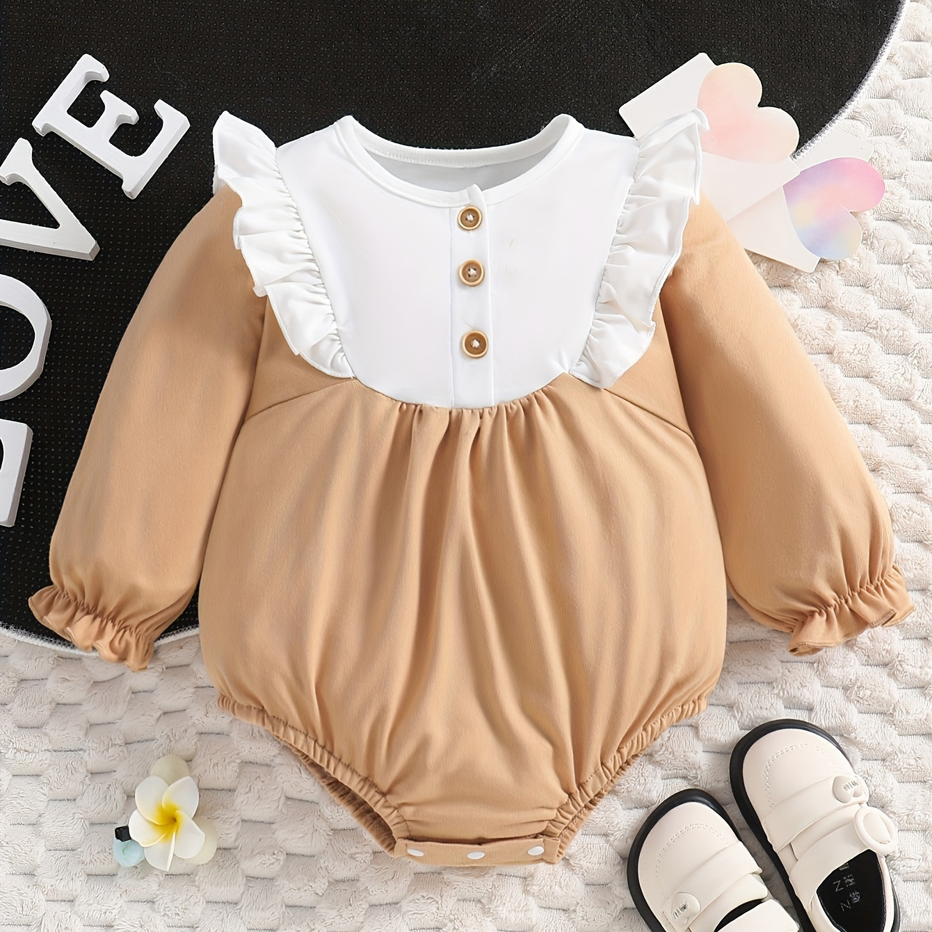 

Infant Baby Girls Flying Sleeves Triangle Romper, Newborn Girls Ruffle Versatile Solid Color Spring And Autumn Long-sleeved Baby Bodysuit Clothes