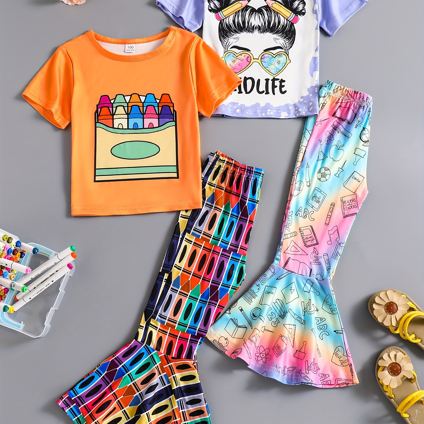 

Cartoon Girl & Crayon Graphic Print, Girls Casual & Stylish Outfit, 2pcs Short Sleeve Tees & Flared Pants Set For Summer