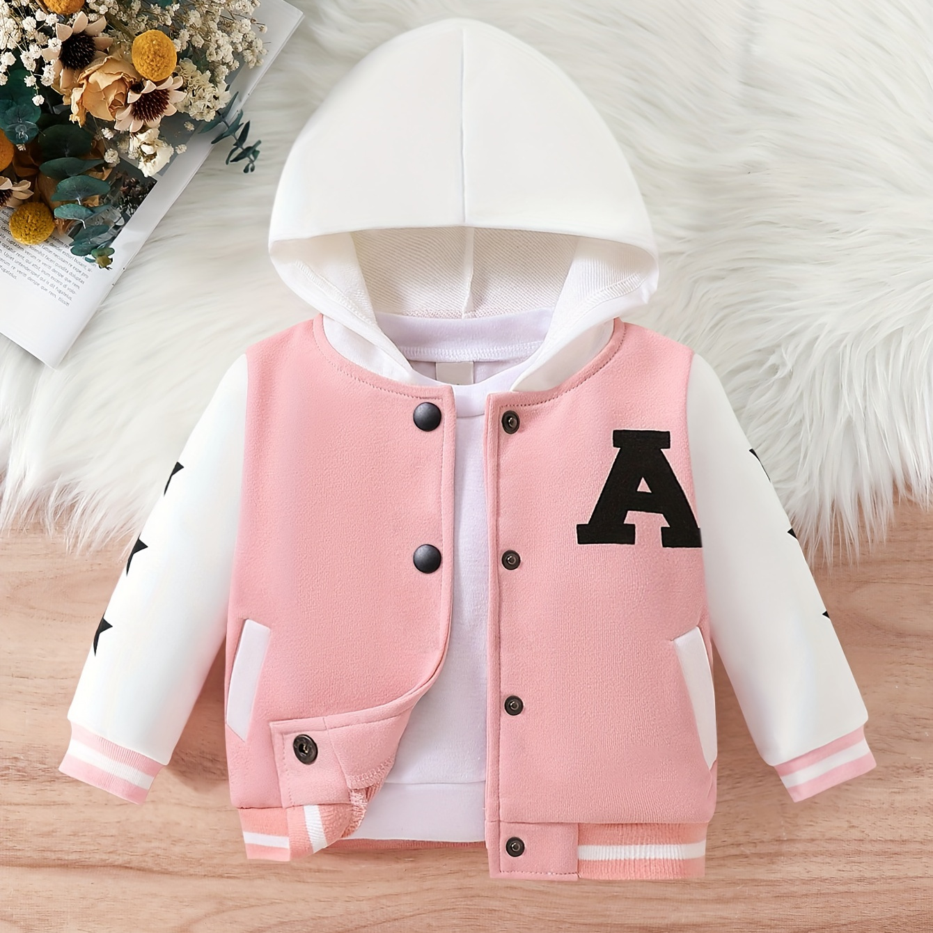 Girls New Ribbed Long Sleeve Trendy Letter Print Baseball Coat, Snap Cardigan Blouse, Kids Hooded Autumn And Winter Outwear Warm Clothes