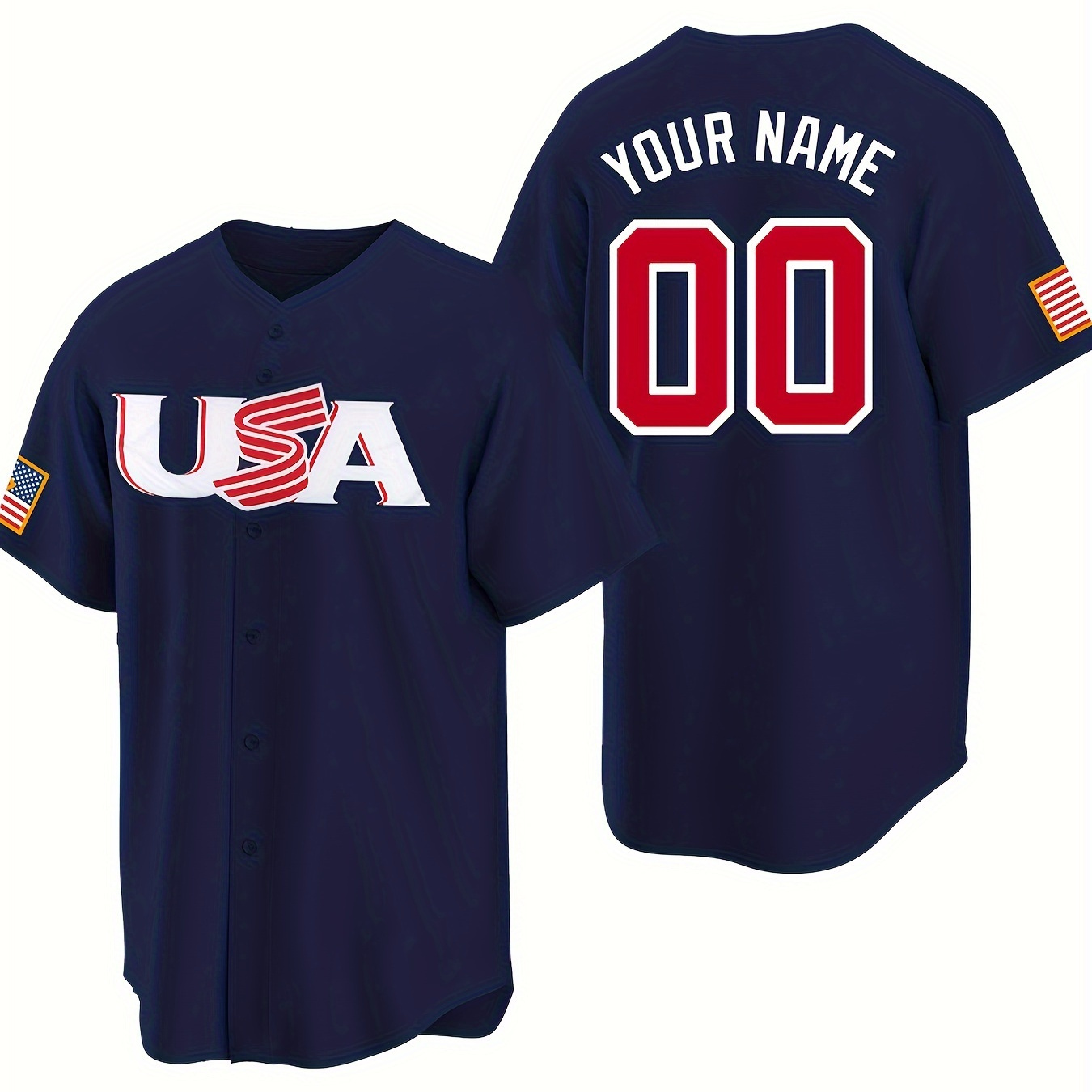 

Men's Customizable Name And Number Design Baseball Jersey Shirt, Usa Print Baseball Jersey Embroidered Sports Customization Baseball Jersey