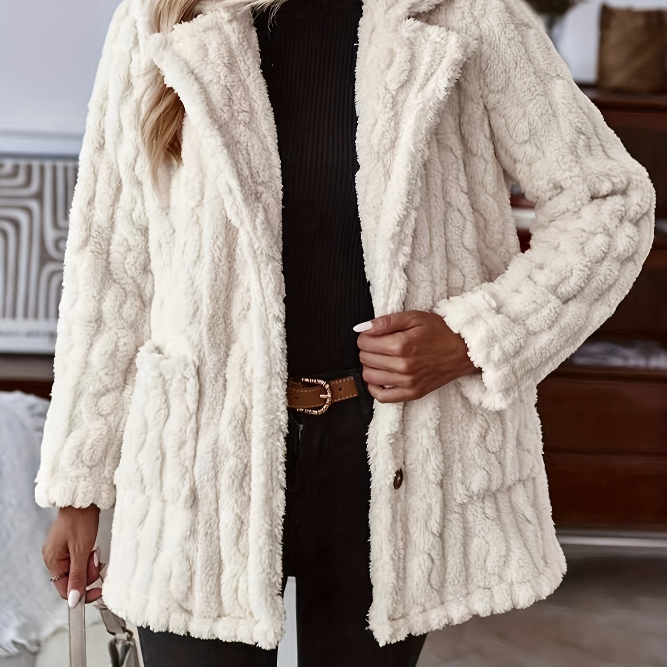 

Button Front Lapel Plush Coat, Casual Thermal Long Sleeve Dual Pockets Coat For Fall & Winter, Women's Clothing