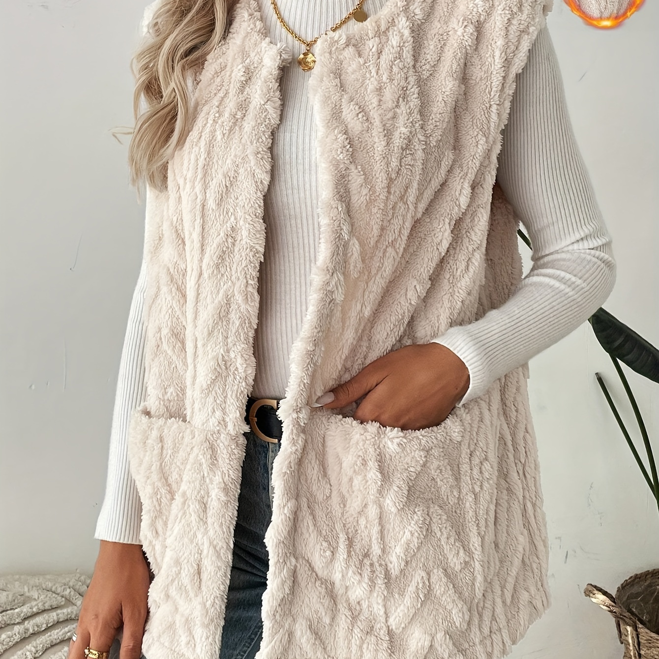 

Gilet en fourrure texturé à devant ouvert, élégant vêtement d'extérieur chaud manches pour et l'hiver, vêtements pour femmes