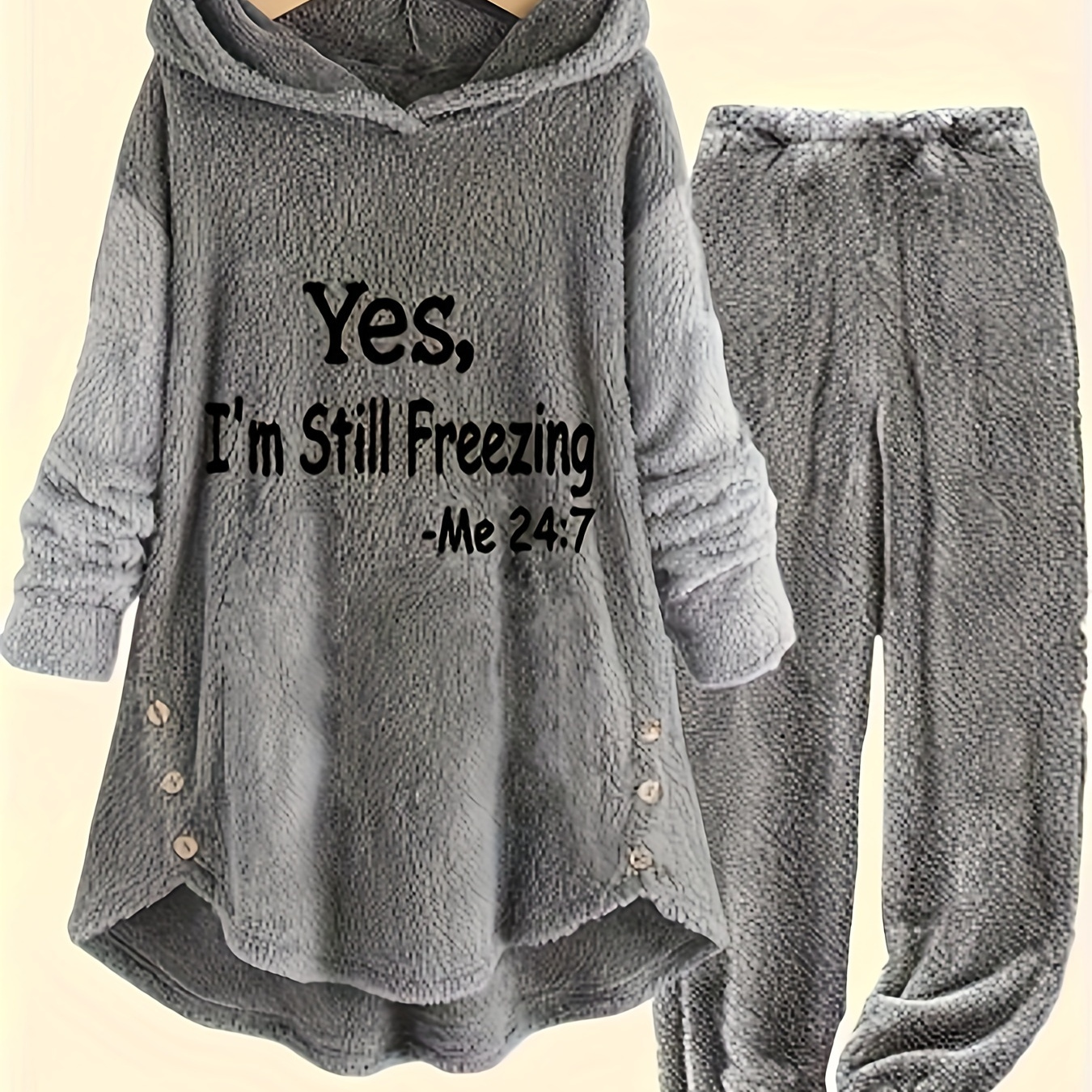 

Chic Women's Casual Fall/winter Hoodie & Jogger Set - Letter Print, Button Detail, Cozy Polyester , Machine Washable