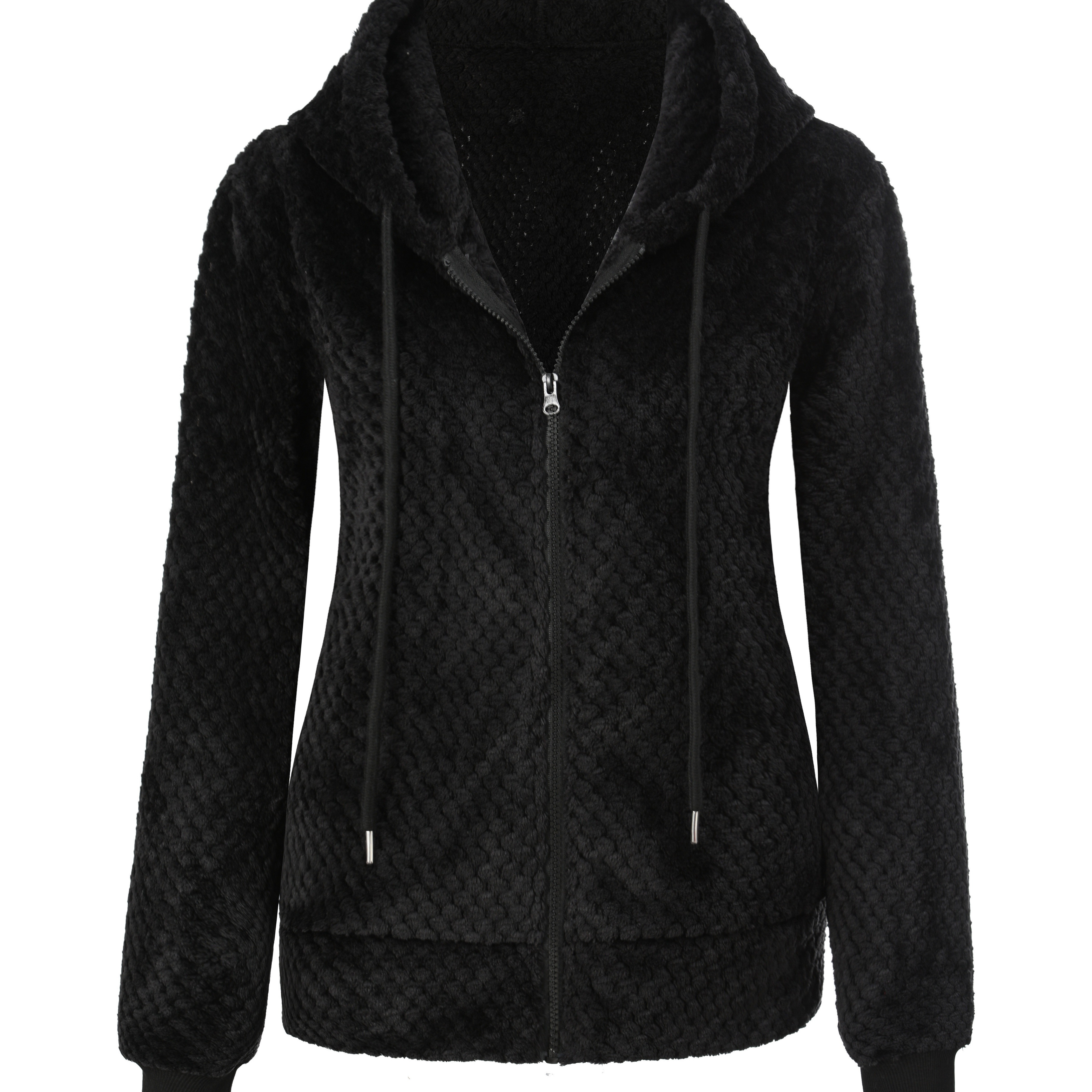 

Solid -up Hoodie Teddy Coat, Casual Long Sleeve Textured Coat For Fall & Winter, Women's Clothing