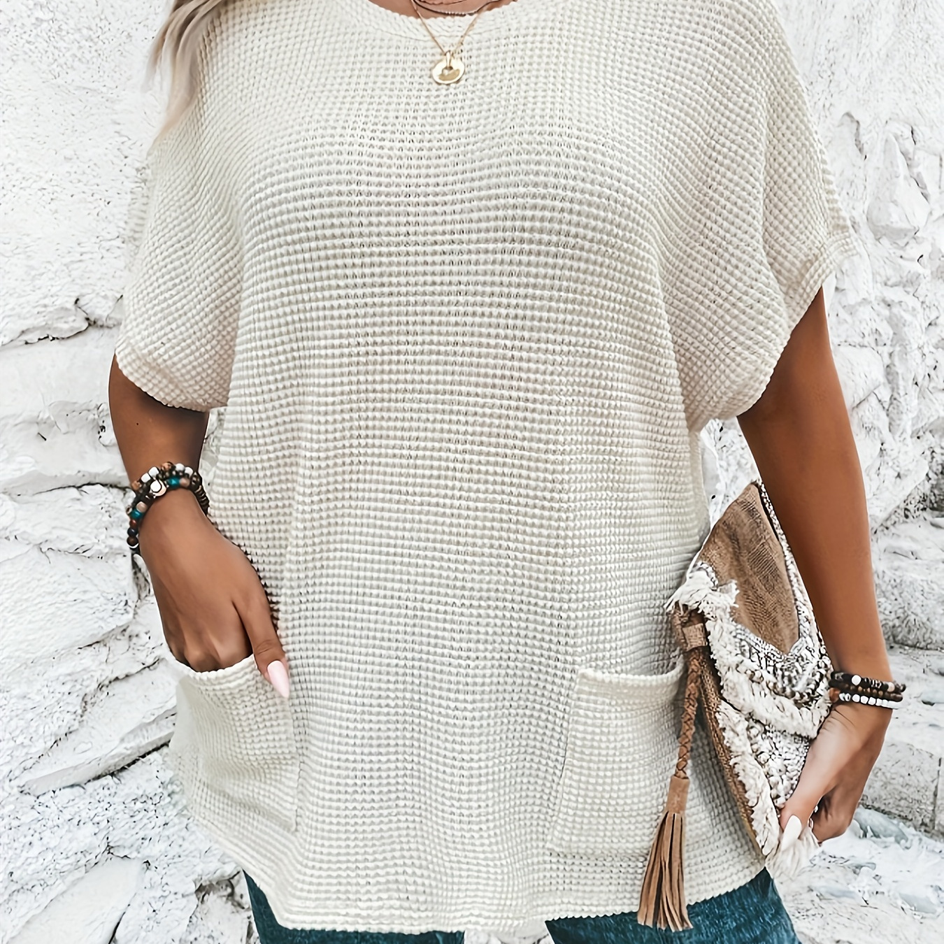

Plus Size Solid Pockets Top, Casual Crew Neck Short Sleeve Top, Women's Plus Size clothing