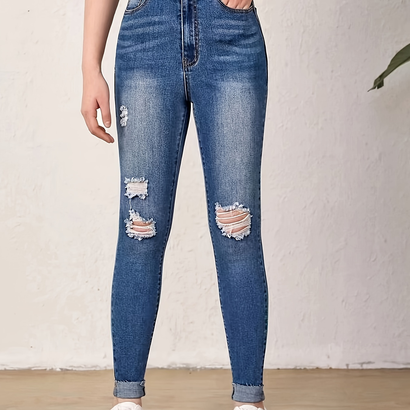 

Girls Ripped Design Skinny Jeans Pockets Casual Tight Trousers, Everyday Casual Wear Girls Clothing