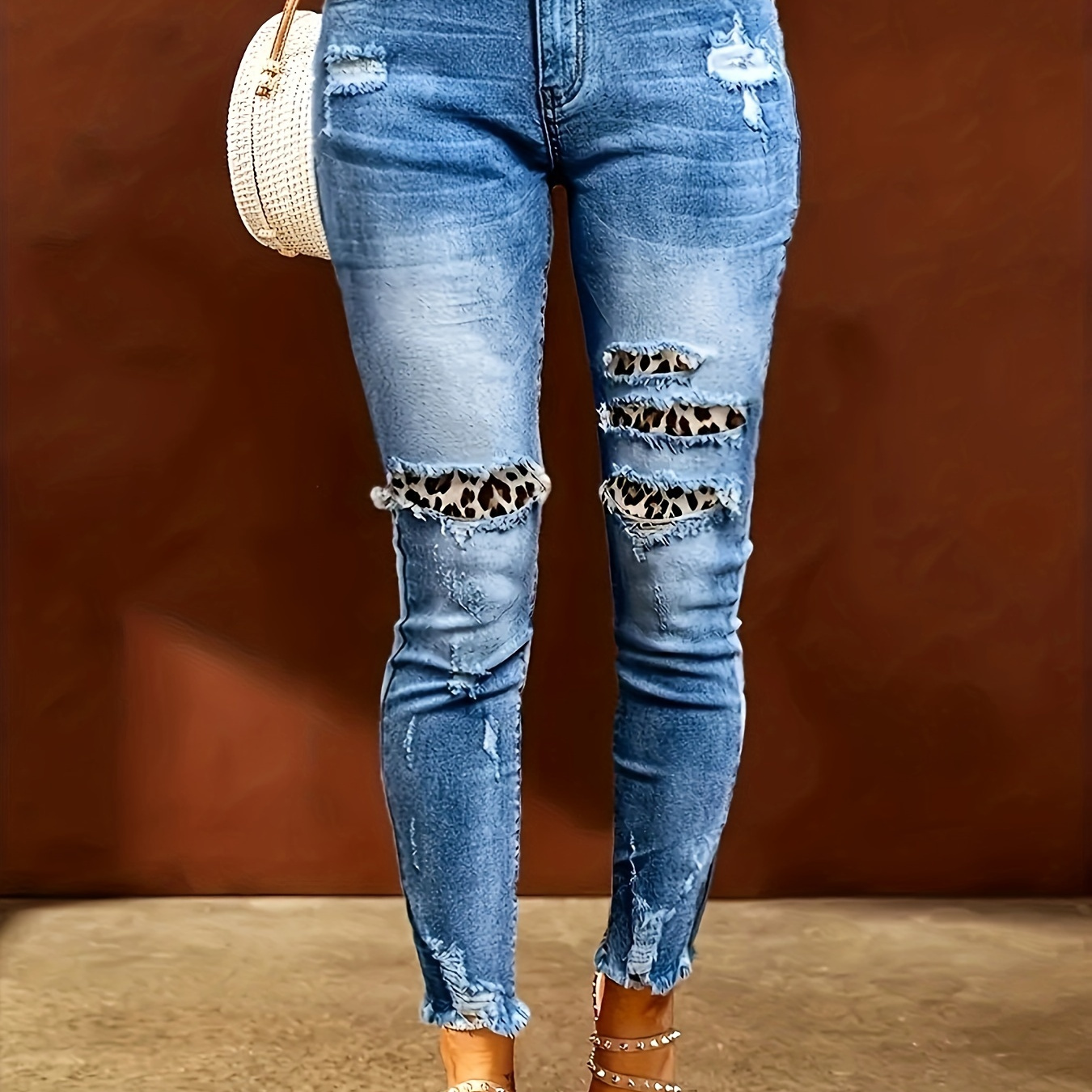 

Women's Distressed Frayed Hem Skinny Jeans, Casual Style, Denim Blue, Ankle-length Pants With Ripped Leopard Accents Patchwork