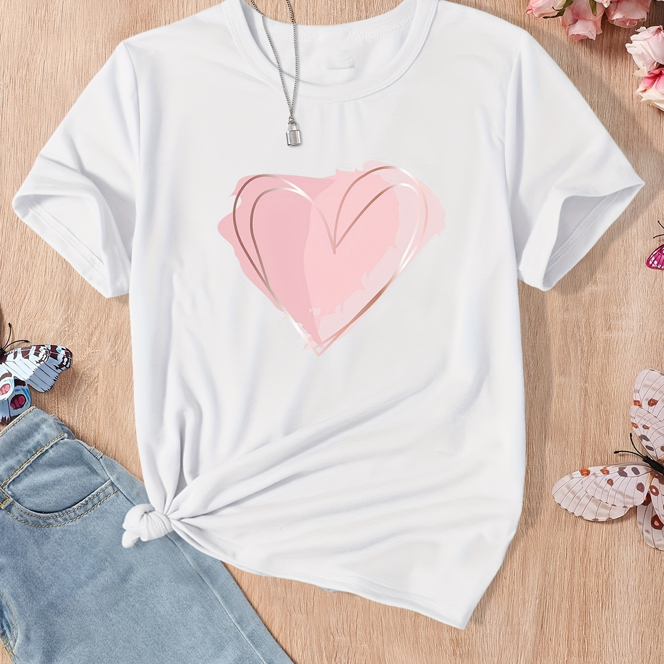 

Casual Sweet Heart Graphic Crew Neck Short Sleeve T-shirt Pullover For Girls Summer Gift Valentine's Day