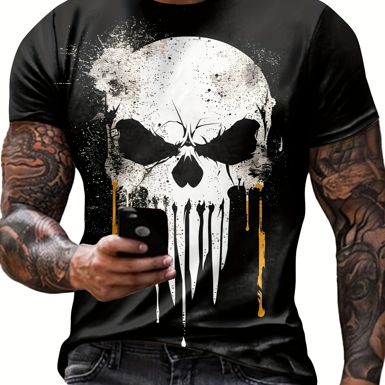 

Men's Skull And Paint Mark Pattern T-shirt, Crew Neck And Short Sleeve Tees For Men, Novel And Cool Tops For Summer Outdoors Wear