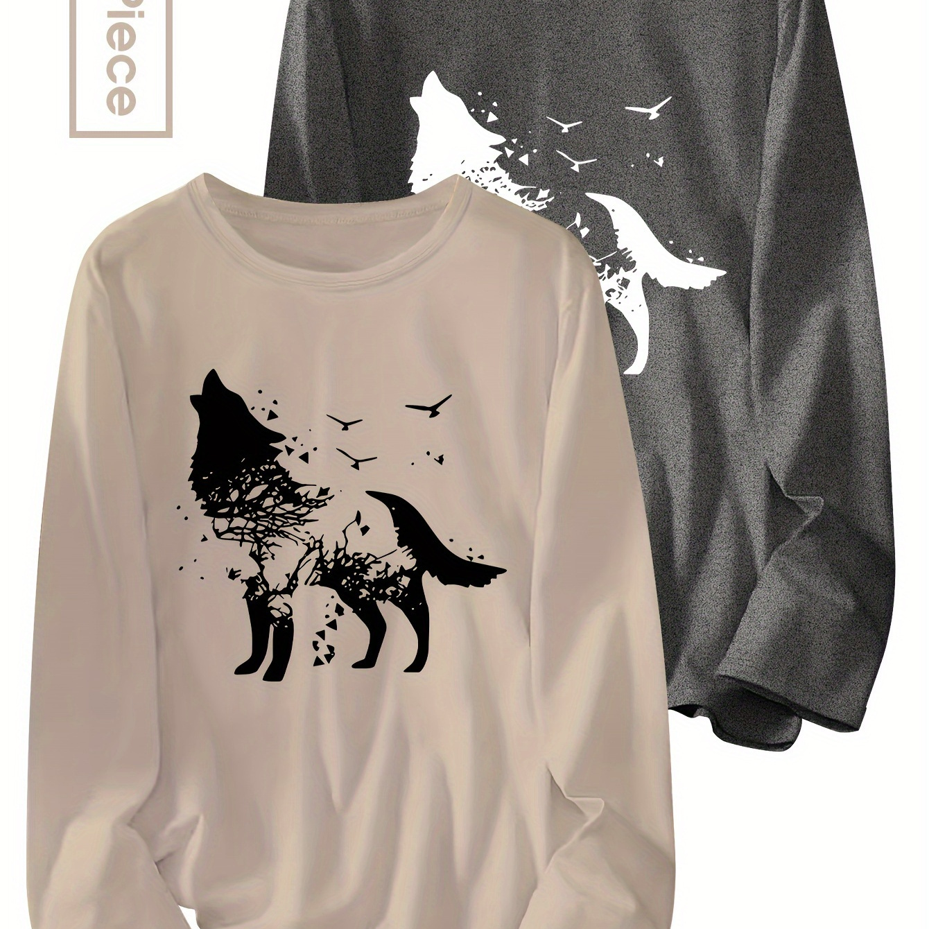 

2-pack Women's Long Sleeve T-shirts, Geometric Wolf Print, Casual Polyester, Round Neck, Regular Fit, Autumn/winter Collection, No Belt, Long Sleeves, Pullover Style, No Pads