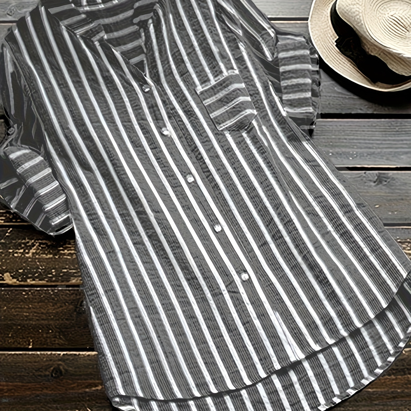 

Plus Size Casual Blouse, Women's Plus Stripe Print Button Up Roll Up Sleeve V Neck Blouse