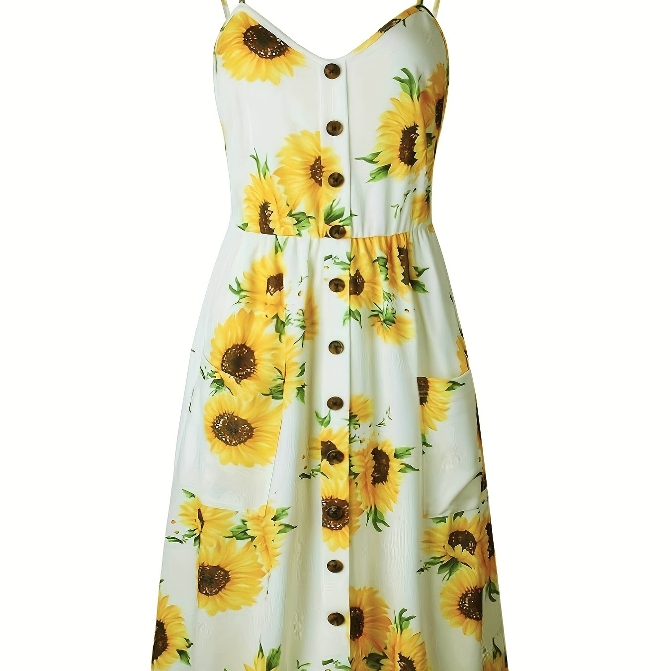 Plus Size Sunflower Print Button Up Cami Shirt Dress, Women's Plus Medium  Stretch Casual Dress