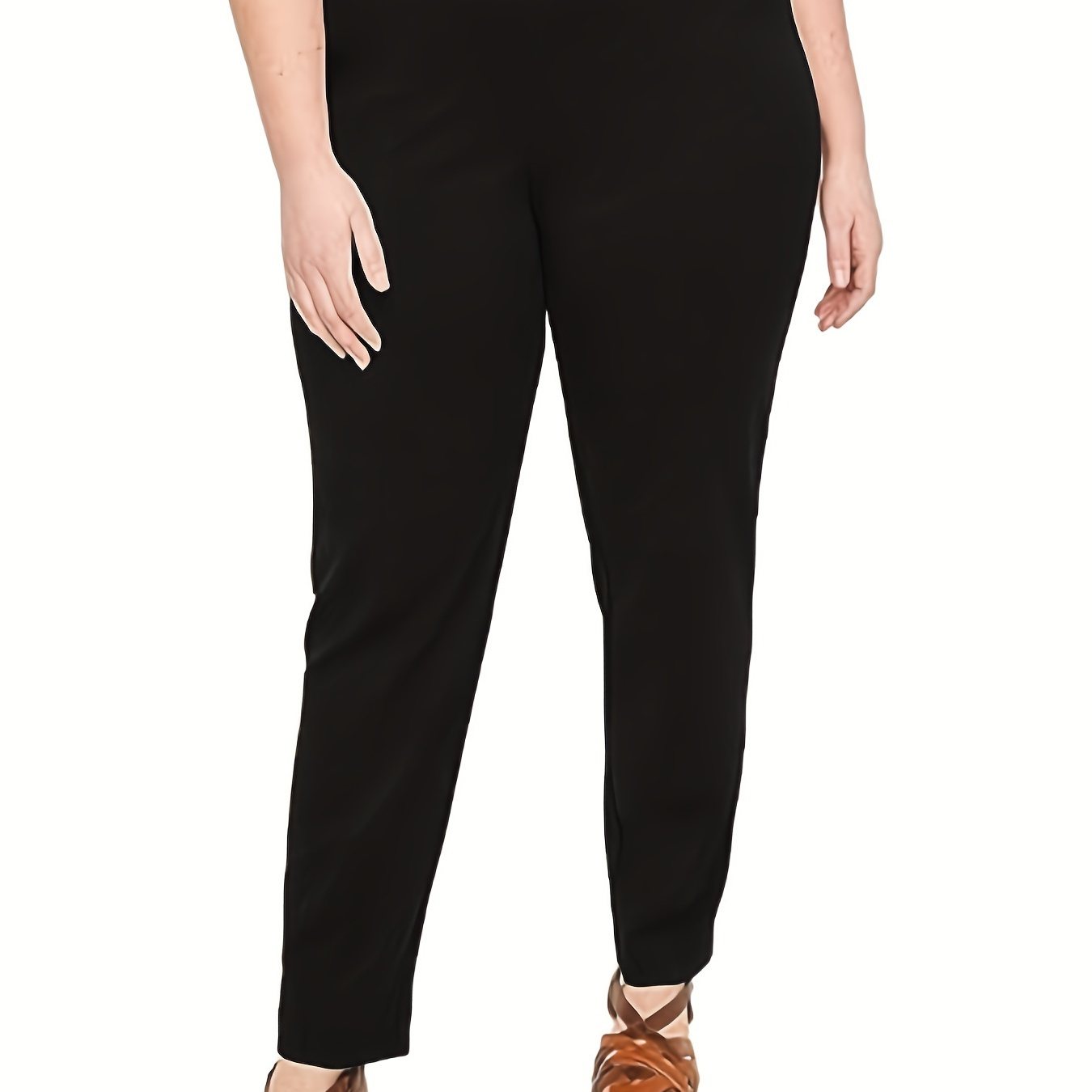 

Pantalon Élégant Grande Taille, Pantalon À Jambes Fuselées, Taille Haute, Uni, Extensible, Pour Femmes