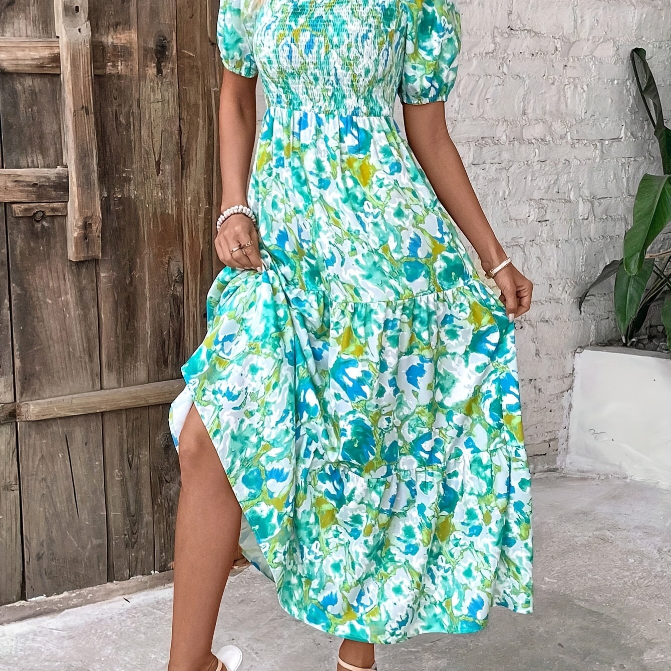 

Floral Print Square Neck Dress, Elegant Shirred Waist Puff Sleeve Dress For Spring & Summer, Women's Clothing