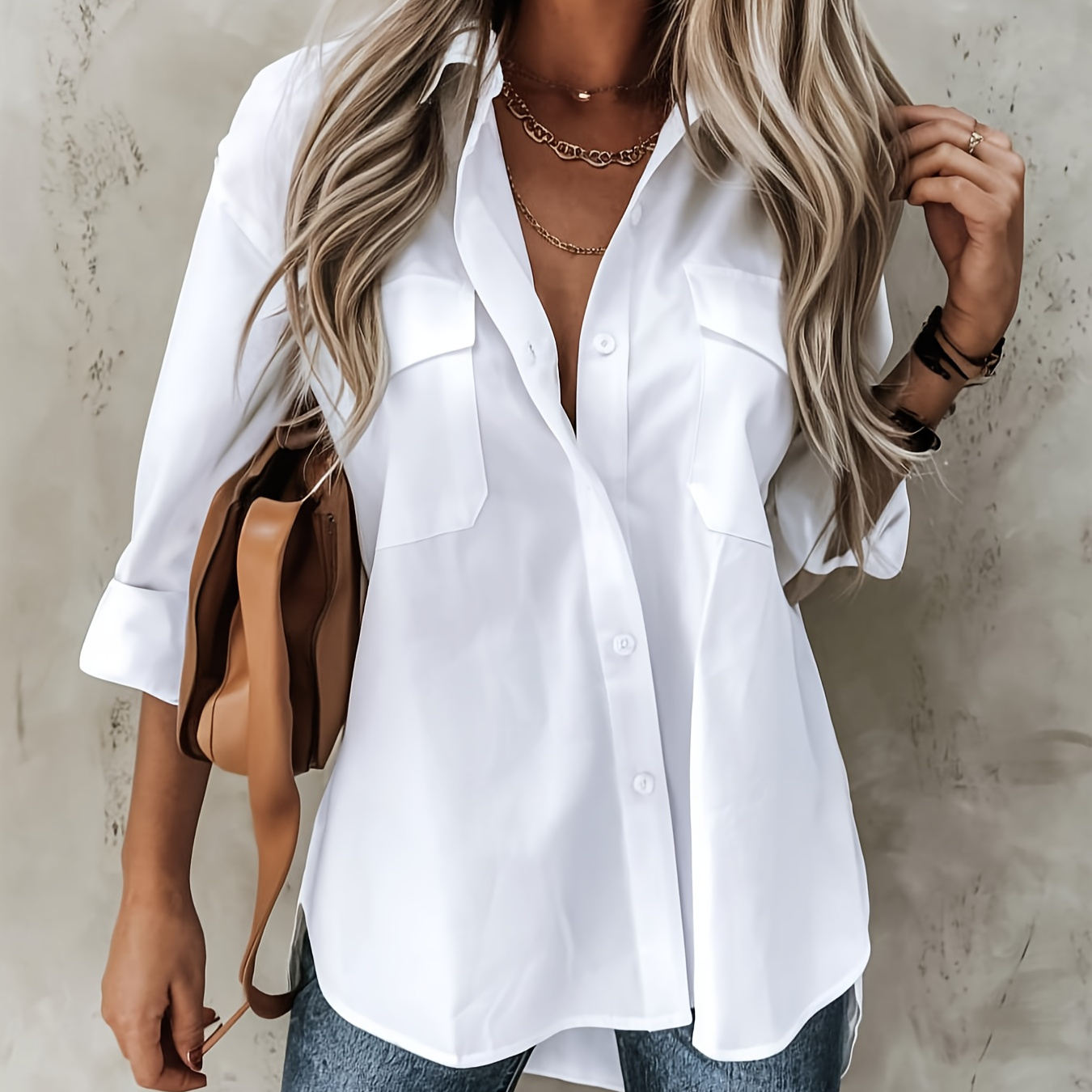 

Women's Plus Size Solid Color Shirt, Casual Polyester 100% Woven Fabric With Stretch, Spring/fall Lapel Collar Blouse, 200g/m² Weight