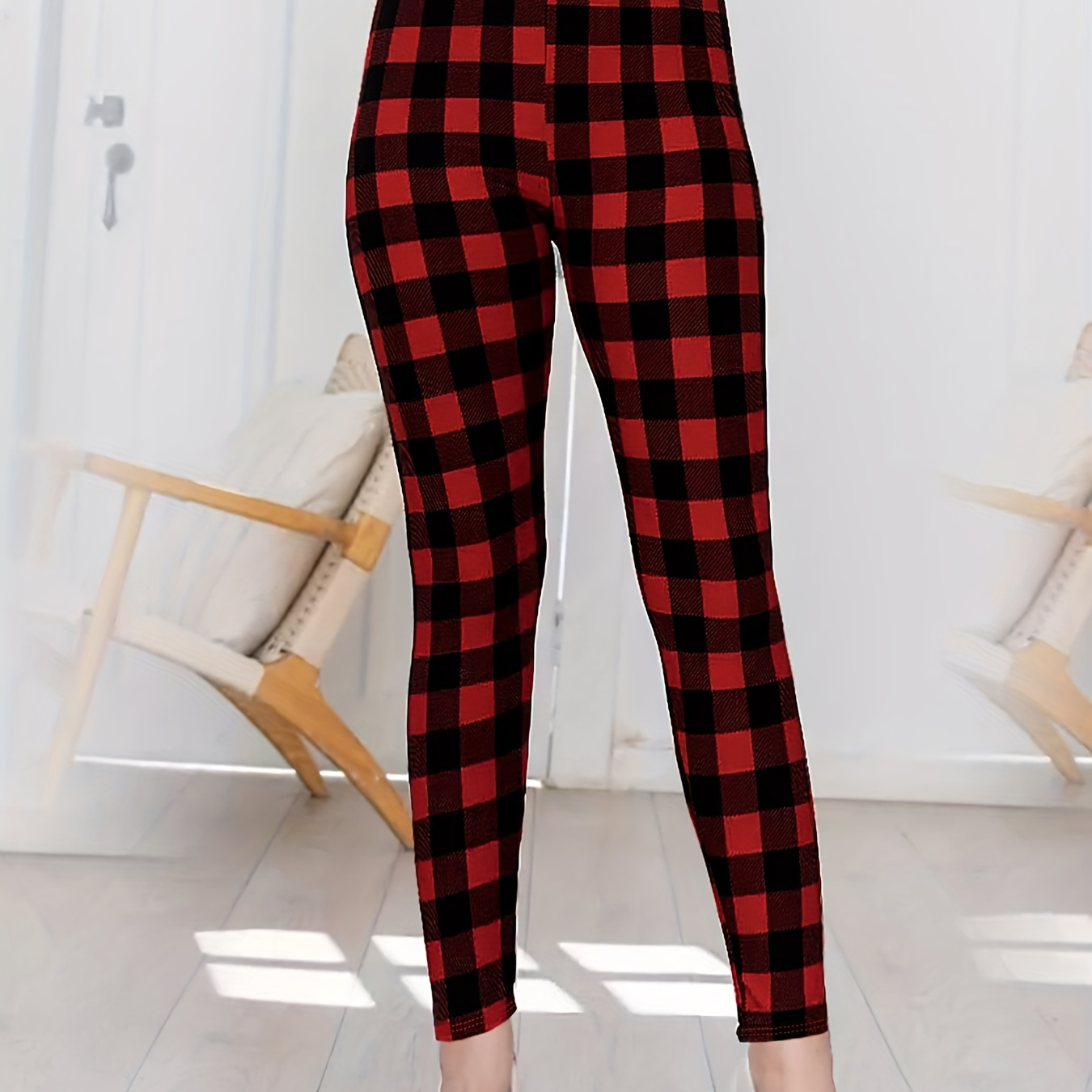 

Plaid Pattern Skinny Pants, Casual High Waist Pants For Spring & Fall, Women's Clothing