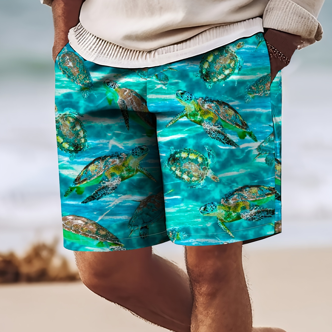 Sea Turtles Pattern Digital Print Men's Novelty Drawstring Shorts With  Pockets, Summer Beach Sports, Single Layer Shorts Without Mesh Lining