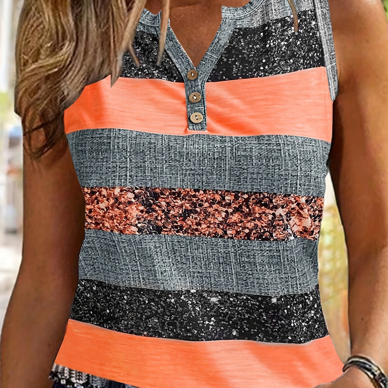 

Color Block Button Front Tank Top, Sleeveless Casual Top For Summer & Spring, Women's Clothing
