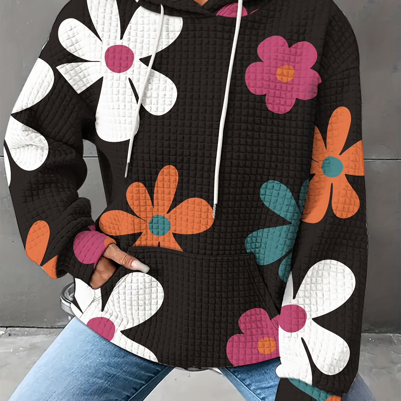 

Floral Print Drawstring Hoodie, Casual Long Sleeve Kangaroo Pocket Sweatshirt For Fall & Spring, Women's Clothing