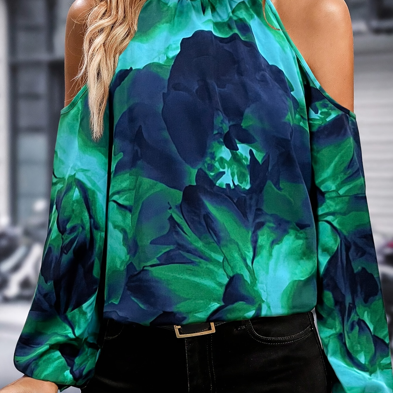 

Floral Print Cold Shoulder Blouse, Elegant Turtle Neck Long Sleeve Blouse For Spring & Fall, Women's Clothing