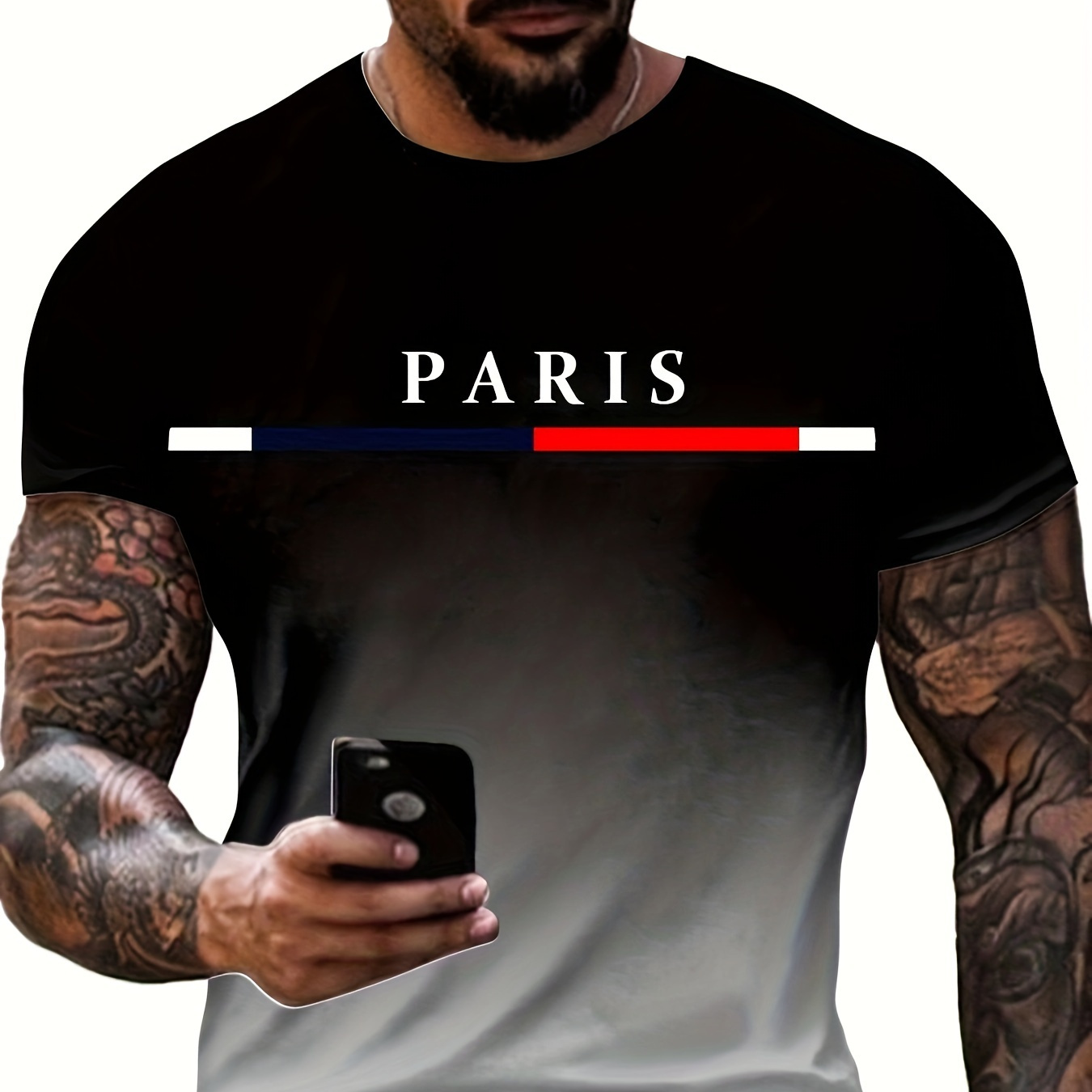 

Men's Gradient Color Paris Graphic Print T-shirt, Casual Short Sleeve Crew Neck Tee, Men's Clothing For Summer Outdoor