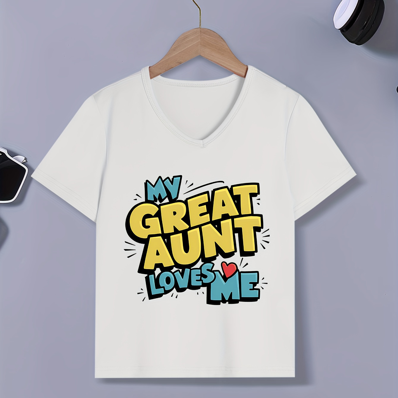 

My Great Aunt Loves Me Cartoon Print Crew Neck T-shirt For Boys, Casual Shortsleeve Top, Boy's Clothing For Summer