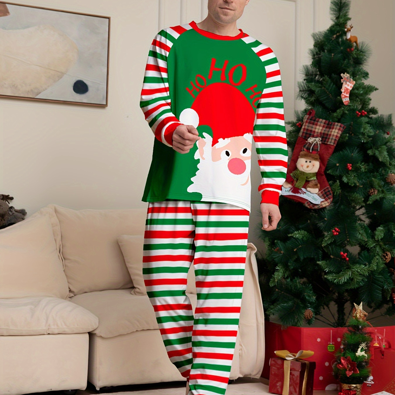 

Men's Trendy Casual Christmas Striped Pajamas Sets, Cartoon Santa Graphic Print Long Sleeve Crew Neck Top & Loose Pants Lounge Wear